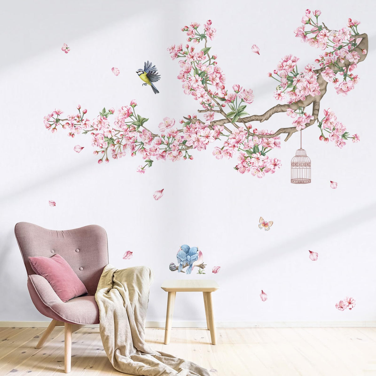 Decalmile Cherry Blossom Tree Branch Wall Decals Pink Flower Birds Wal ...