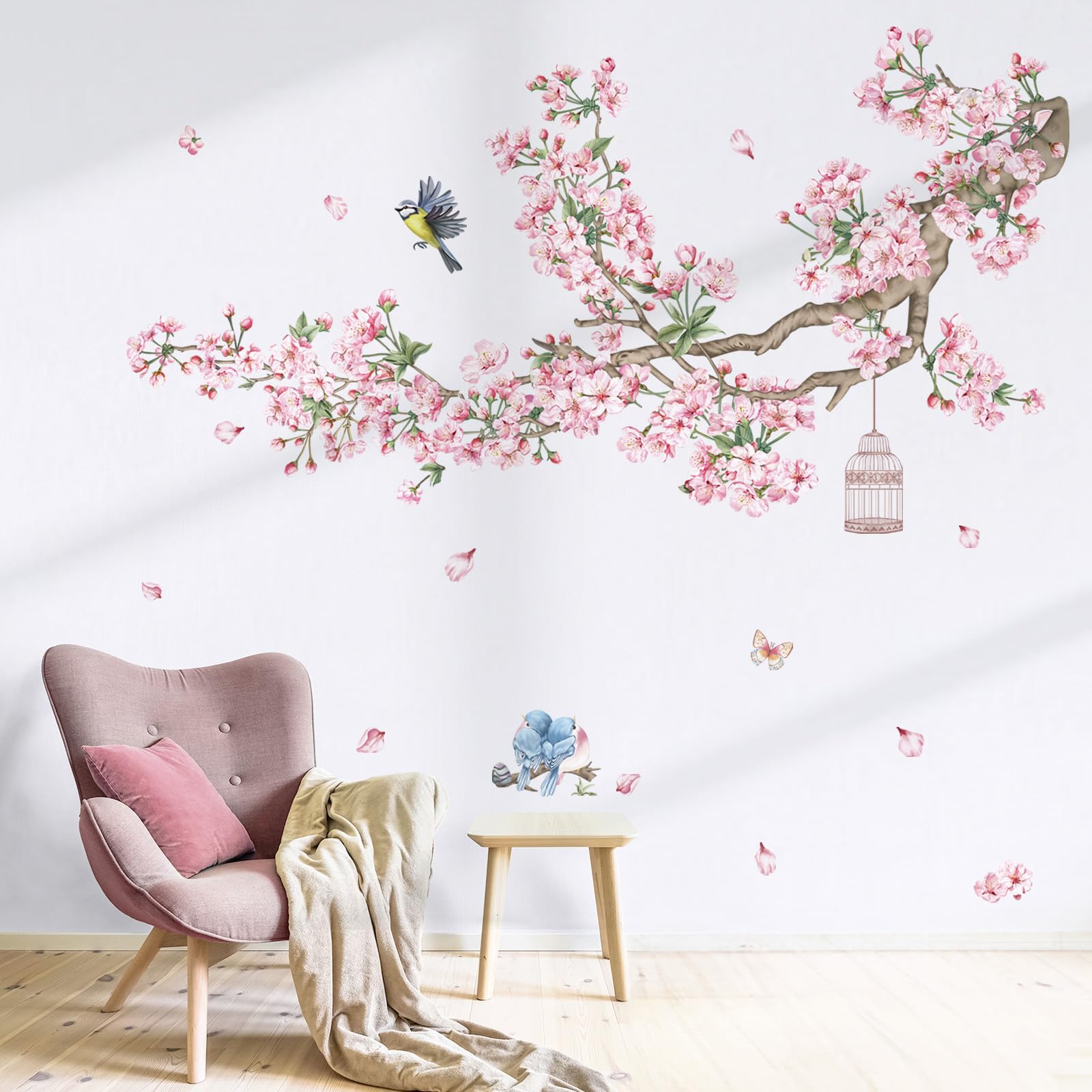 Decalmile Cherry Blossom Tree Branch Wall Decals Pink Flower Birds Wall Stickers Bedroom Living Room Sofa Tv Background Wall Dec