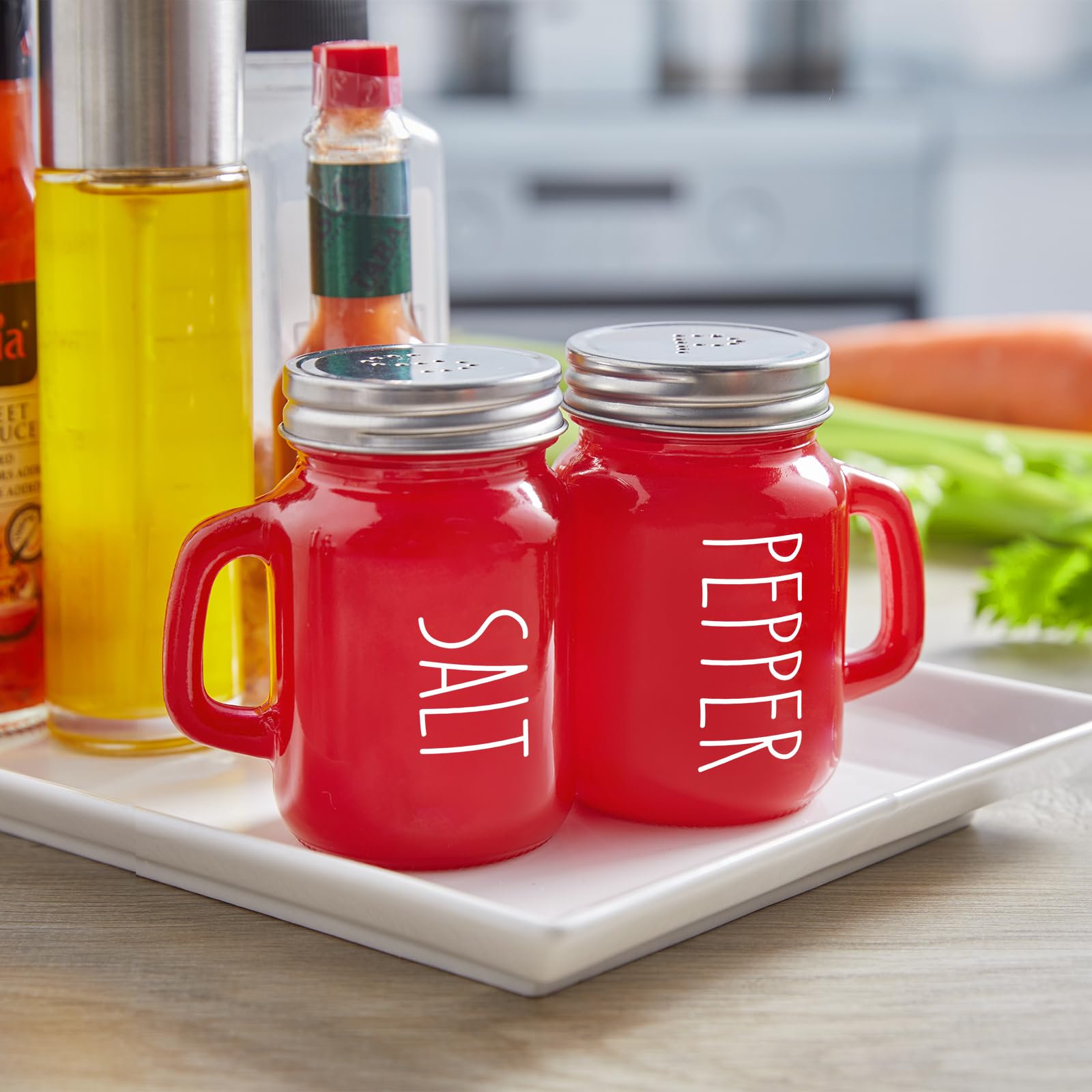 Red Salt And Pepper Shakers Set, Zosujo 4 Oz Cute Modern Glass Christmas Red Shaker Sets With Stainless Steel Lids, Red Kitchen