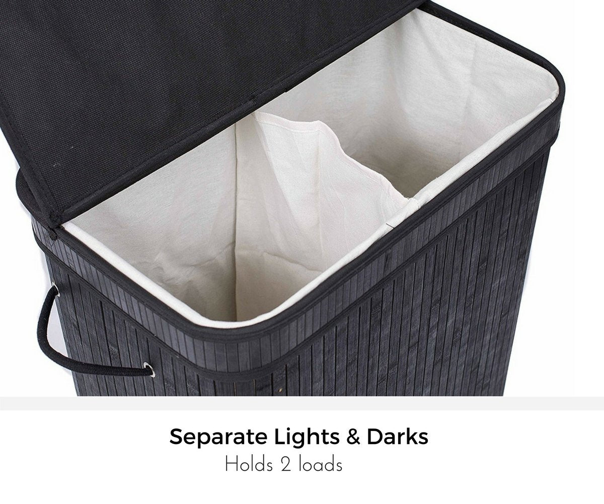 Birdrock Home Double Laundry Hamper With Lid And Cloth Liner - Bamboo - Black - Easily Transport Laundry Basket - 2 Section Coll