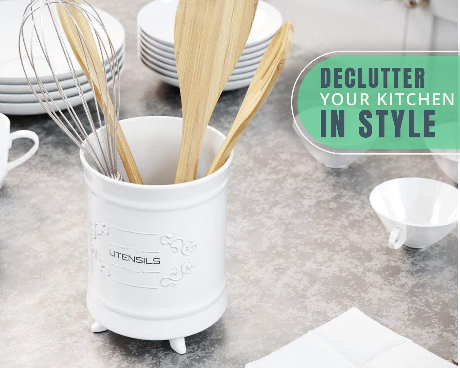 French White Ceramic Utensil Holder - Vintage Style Kitchen Utensil Caddy - Shabby Chic Cooking Utensil Organizer for Countertop - Rustic French Country Utensil Crock for Cooking Enthuziast