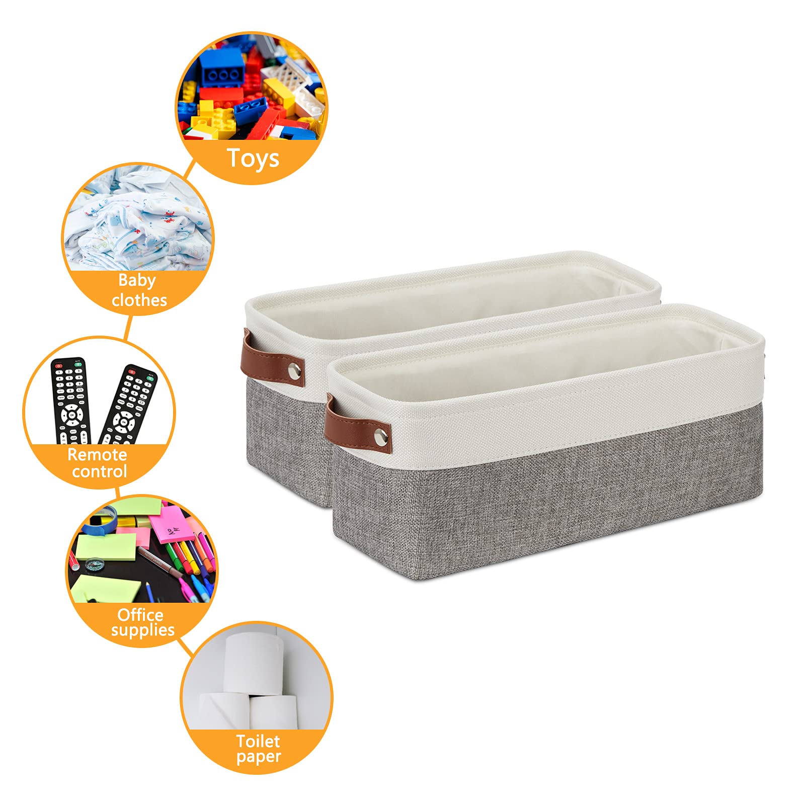 DULLEMELO Small Storage Baskets 15''x6''x5.5''  Fabric Storage Bins for Toilet Tank Top [2 Pack]  Back of The Toilet Basket (White&Grey)