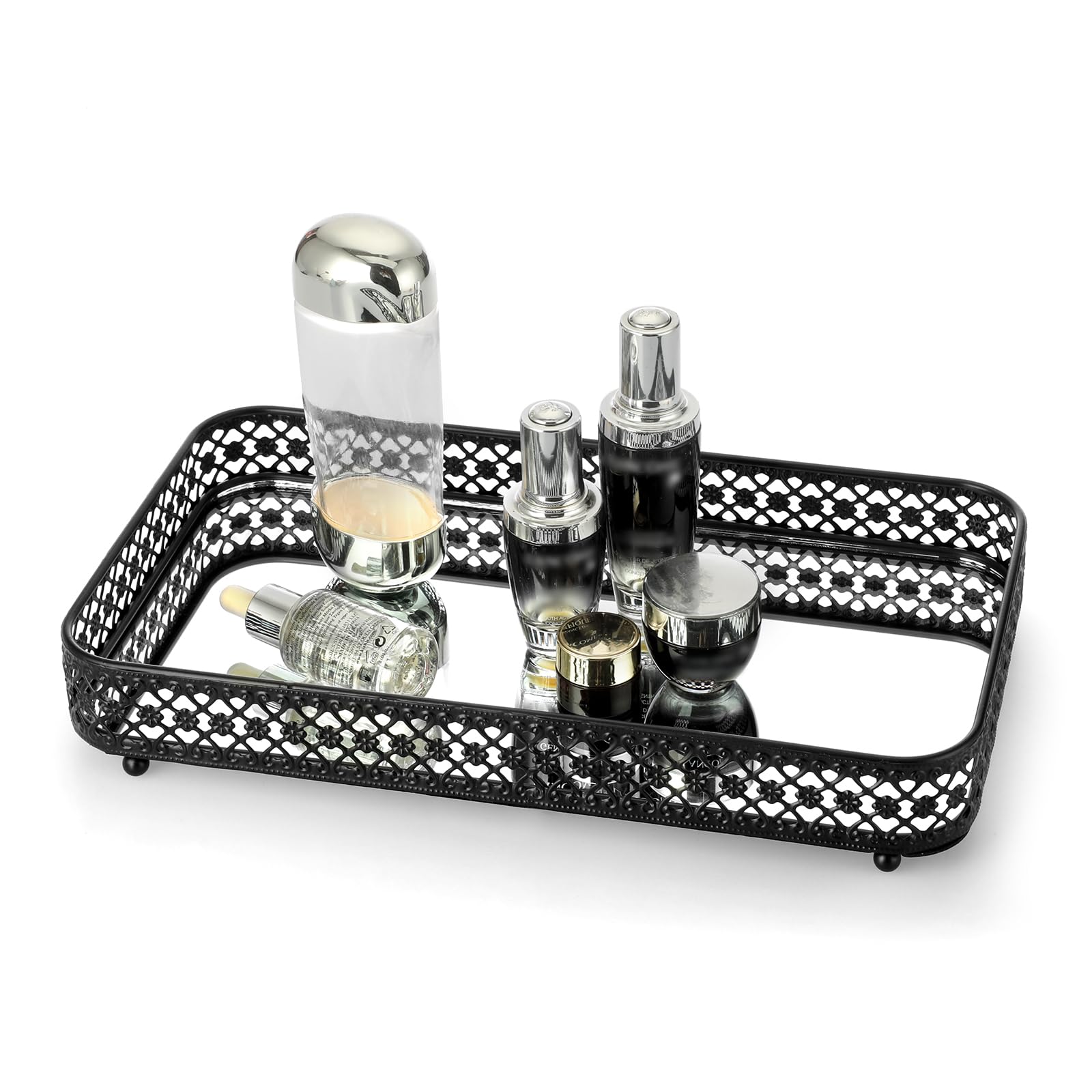ELLDOO Black Perfume & Makeup Vanity Tray - Hollow-Carved Jewelry Storage, Glass & Metal Trinket Organizer for Dresser & Bathroo