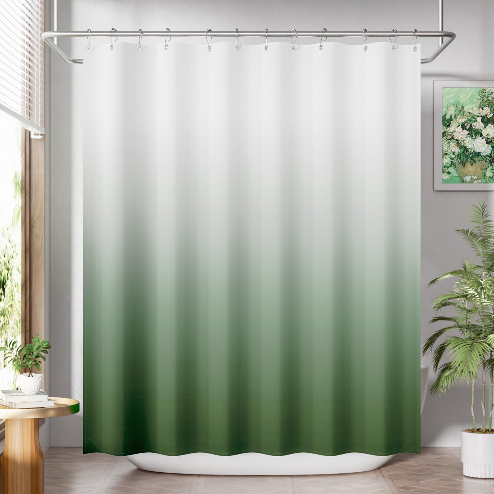 AmazerBath Fabric Shower Curtain Set  Ombre Grass Green Shower Curtain with 12 Shower Curtain Hooks  Rustic Cloth Green and White Shower Curtain  Cute Washable Bathroom Shower Curtain  72x72 Inches