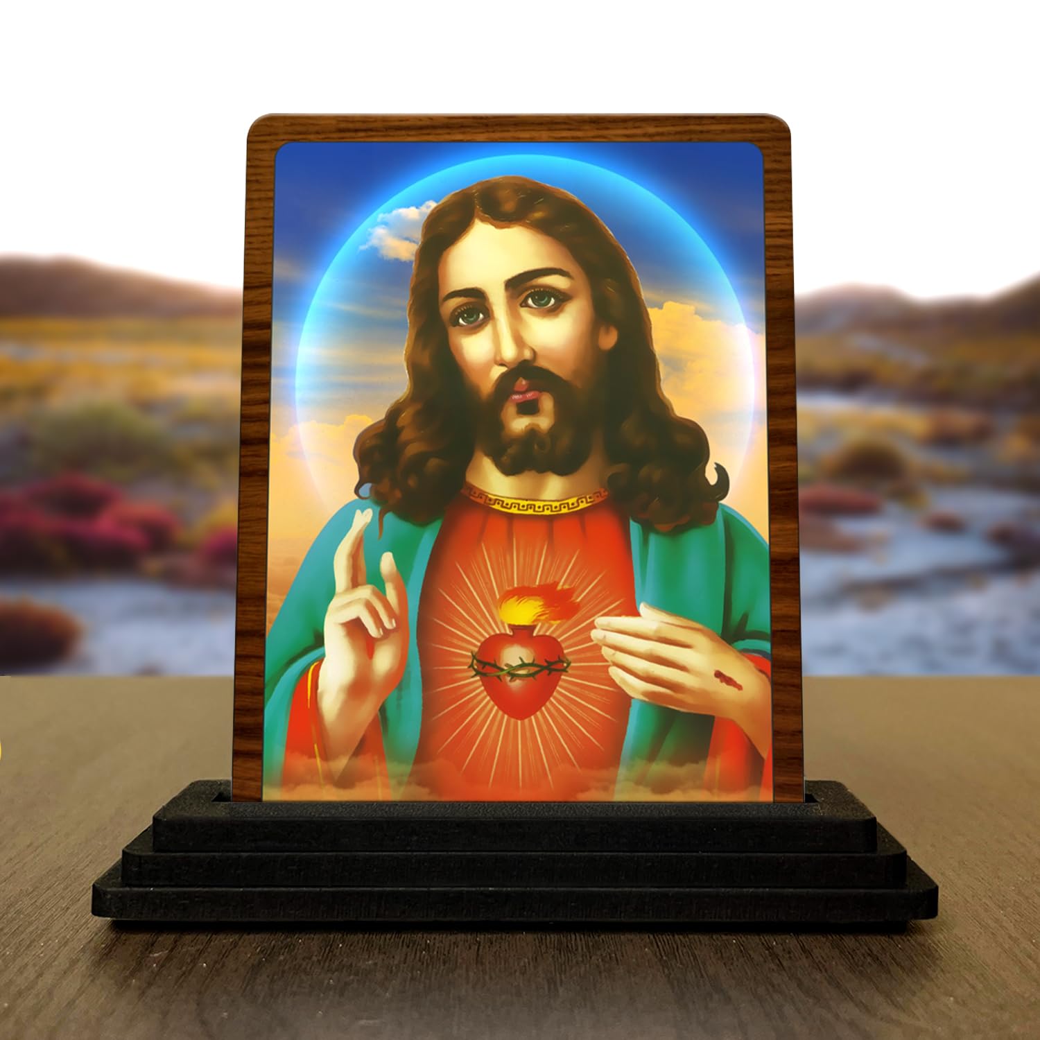 Lord Jesus Wooden Idol For Car Dashboard & Home Decor - Sacred Christian Figurine Showpiece For Worship, Prayer & Gifting - Brow