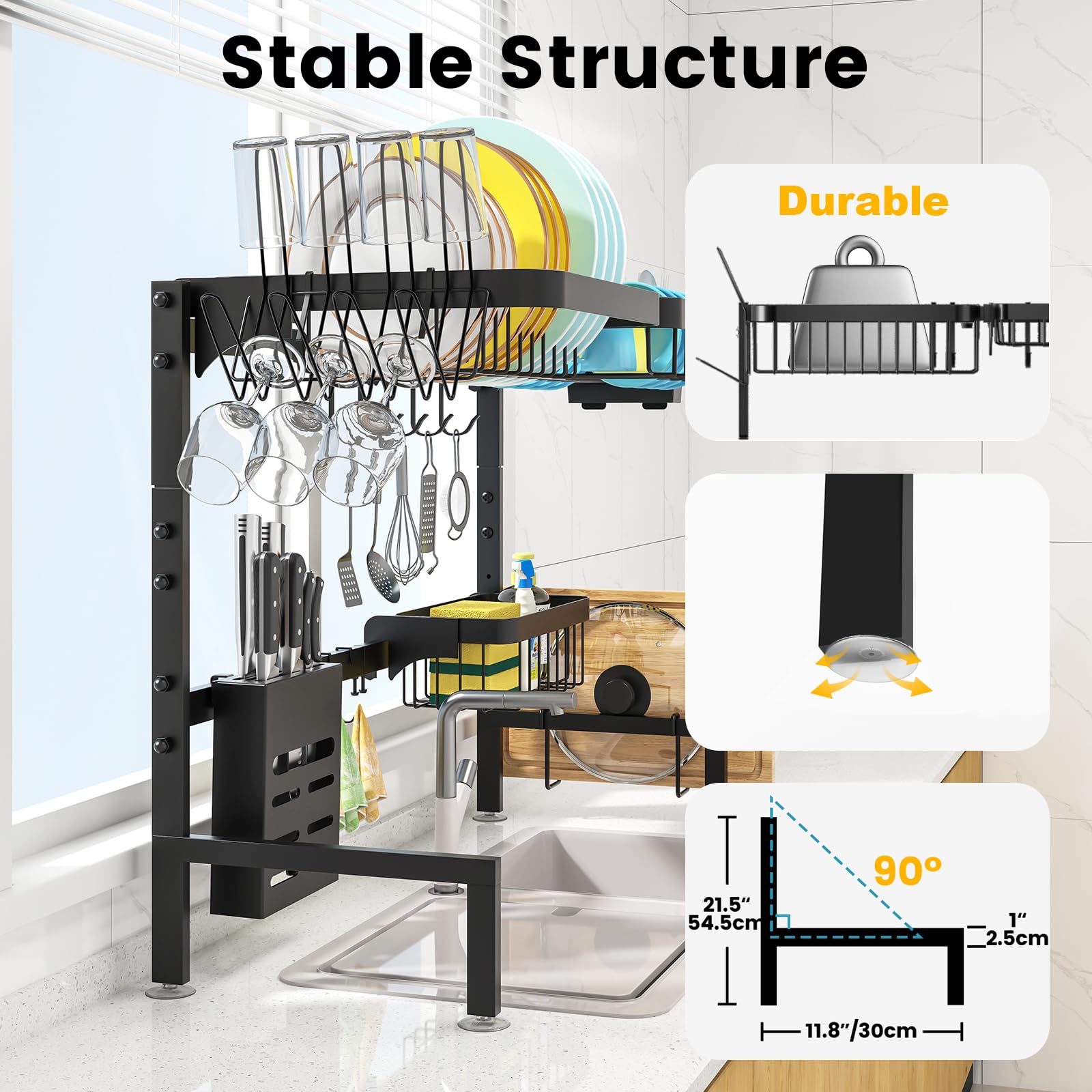 MERRYBOX Over The Sink Dish Drying Rack Adjustable Length (25-33in)  2 Tier Dish Rack Over Sink with Multiple Baskets Utensil Holder Cup Holder  Full Set Large Dish Rack for Kitchen Sink Organizer