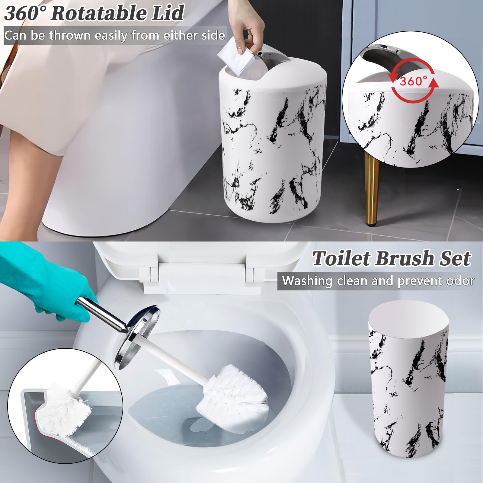 White Marble Bathroom Accessories Set, White Bathroom Set With Trash Can, Vanity Tray, Soap Dispenser, Soap Dish, Toothbrush Hol