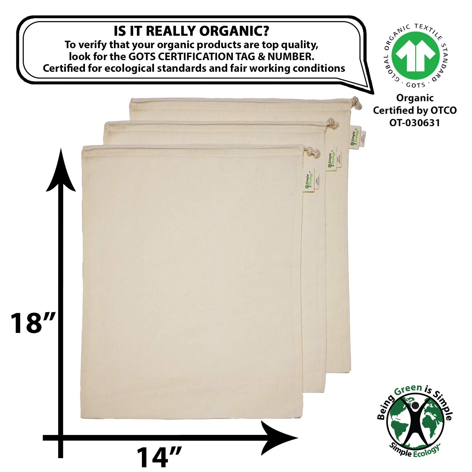 Simple Ecology Reusable Grocery Produce Shopping And Storage Bags, Organic Cotton Muslin, Xlarge 3 Pack