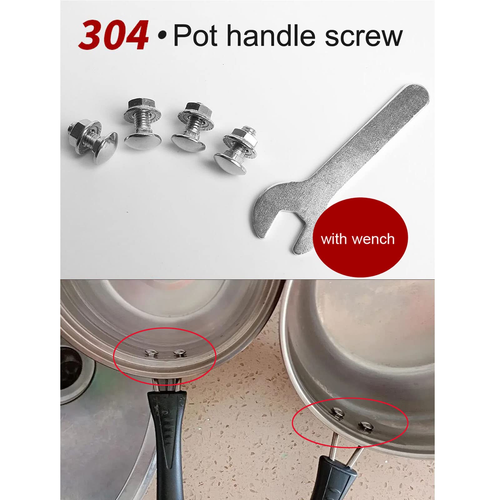 NentMent Stock Pot Handle Screws Set, M6x16mm, Stainless Steel, 4pcs + Small Wrench, Model ZQ-017