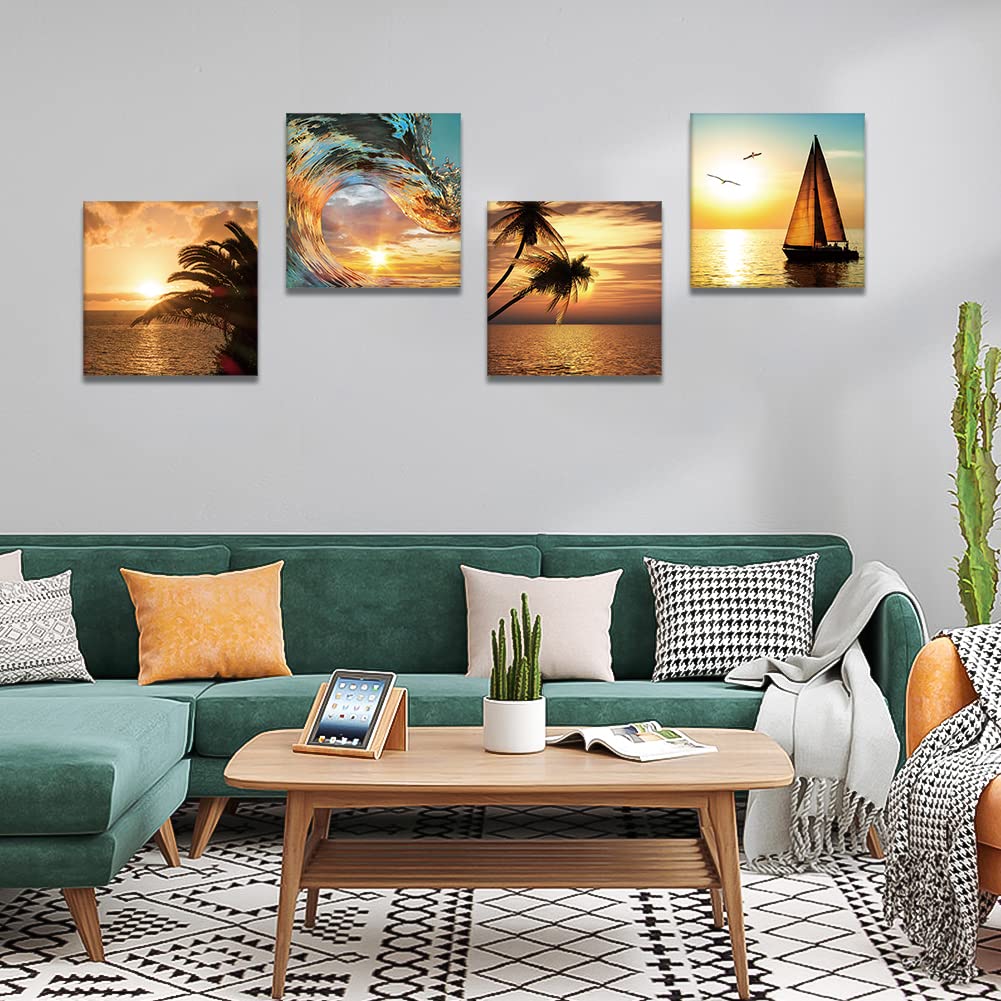 Otostar 4 Pieces Wall Art Canvas Prints - Coconut Tree Sailboat And Sea Picture Painting - Modern Wall Artwork Framed For Gifts