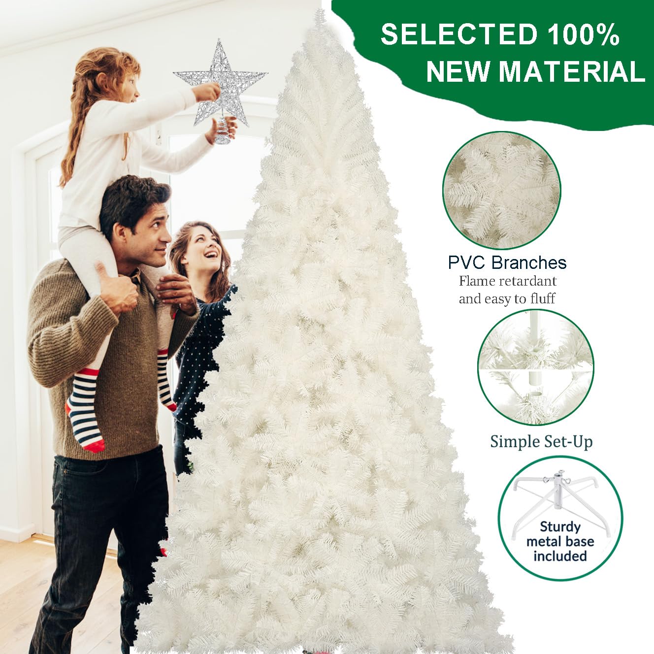 6ft White Christmas Tree, Xmas Tree Artificial Christmas White Trees with 1005 Branch Tips and Decorations(1pcs Top Star, 2set 2