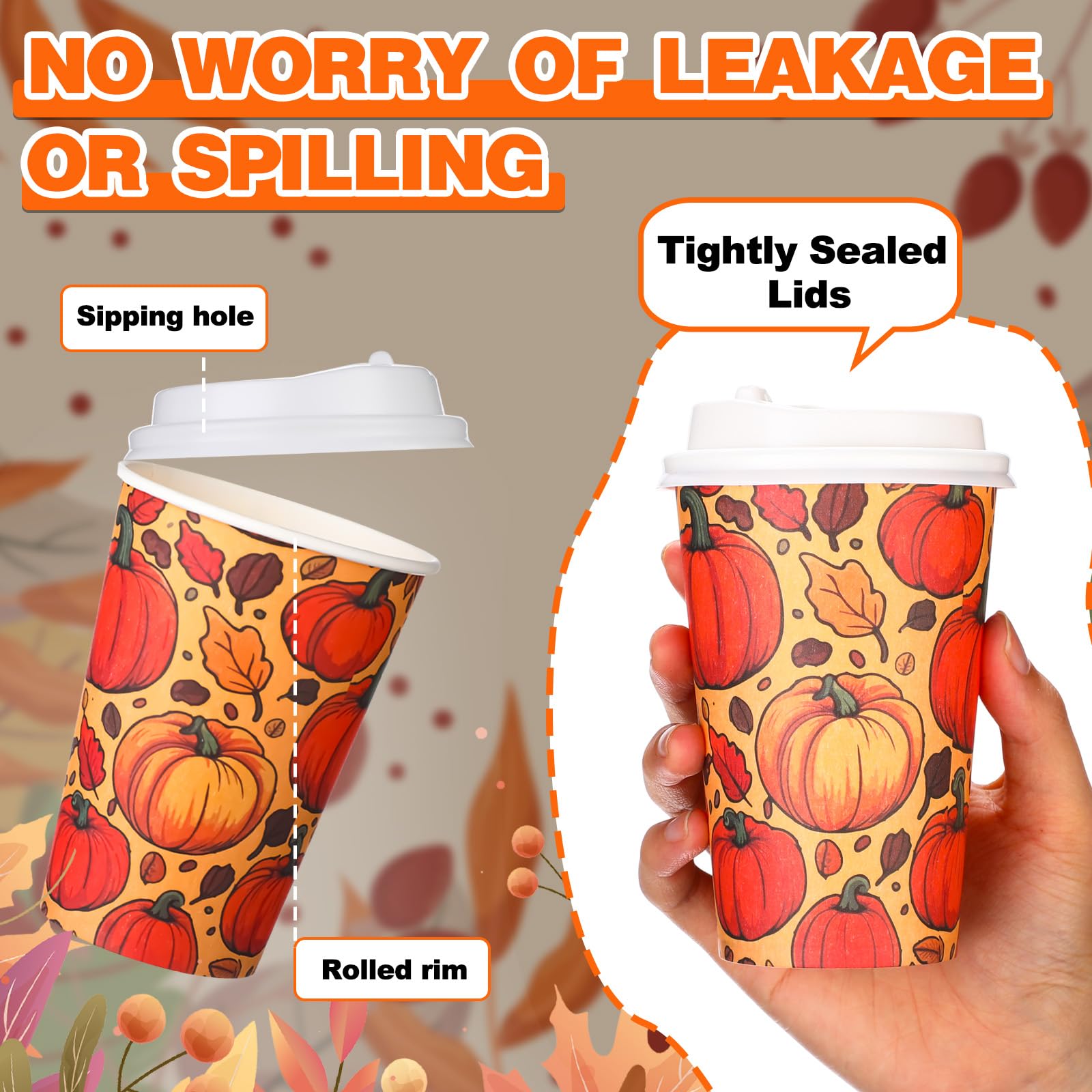 SiliFine 100 Pcs 12 oz Fall Pumpkin Paper Coffee Cups with Lids, Thanksgiving Disposable Maple Leaves Beverage Drinking Cups Fal