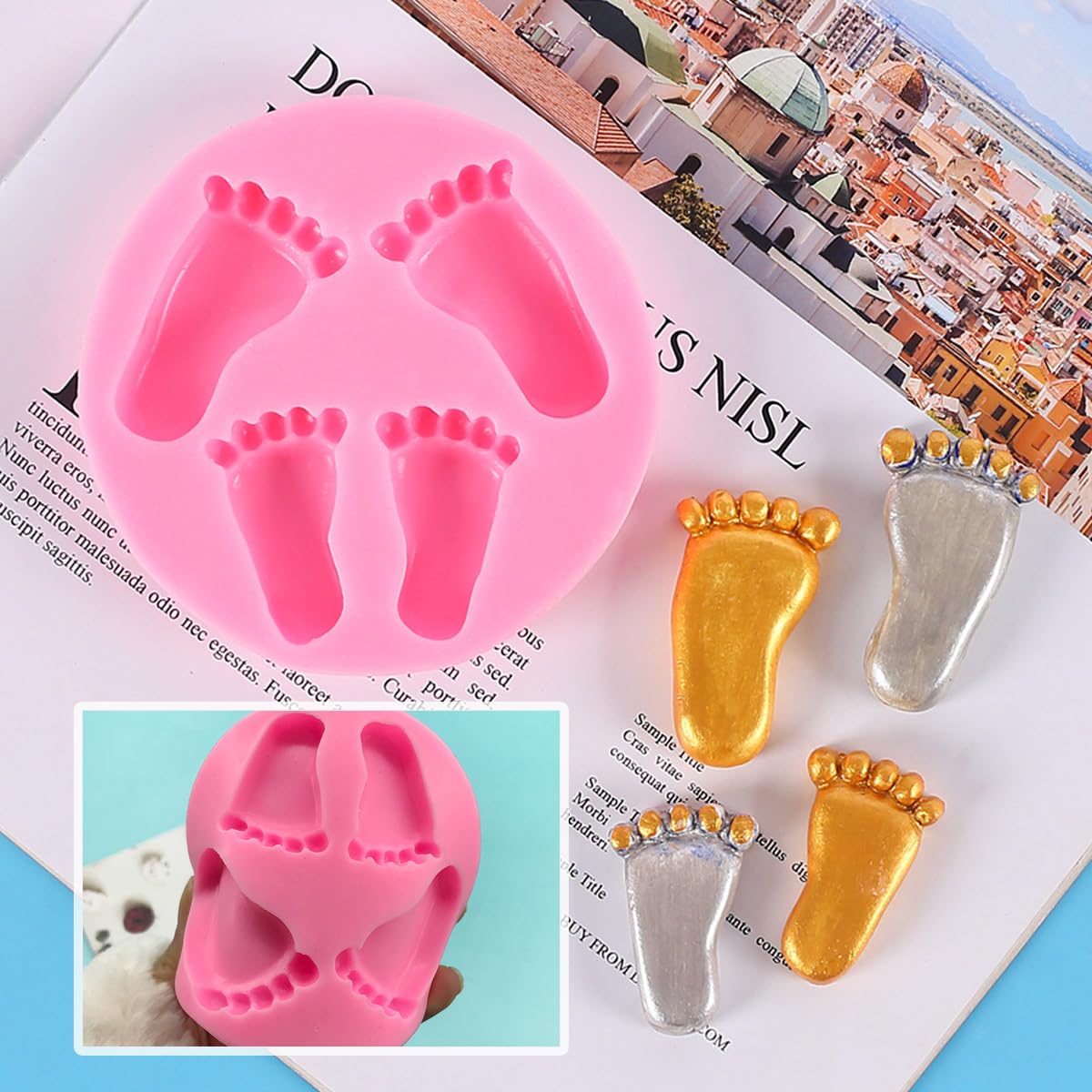Kuuguu 4 Pcs Baby Feet Fondant Mold Silicone 3D Baby Foot Mold Baby Shower Cake Topper Decoration Diy Baking Mould For Sugarcraf