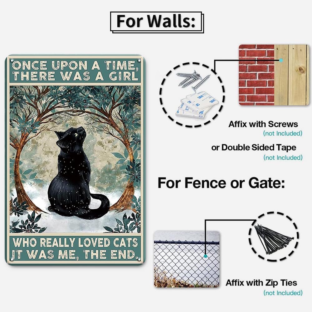 Black Cat Decor Cat Signs Gifts for Cat Lovers Metal Tin Sign- Once Upon a Time There was a Girl Who Loved Cat - 12x8 Inches Vintage Decor Cat Signs Home Decor Black Cat Gifts  Cat Decor Cat Poster for Bedroom  Garden  Livingroom  Cat Lover Gifts