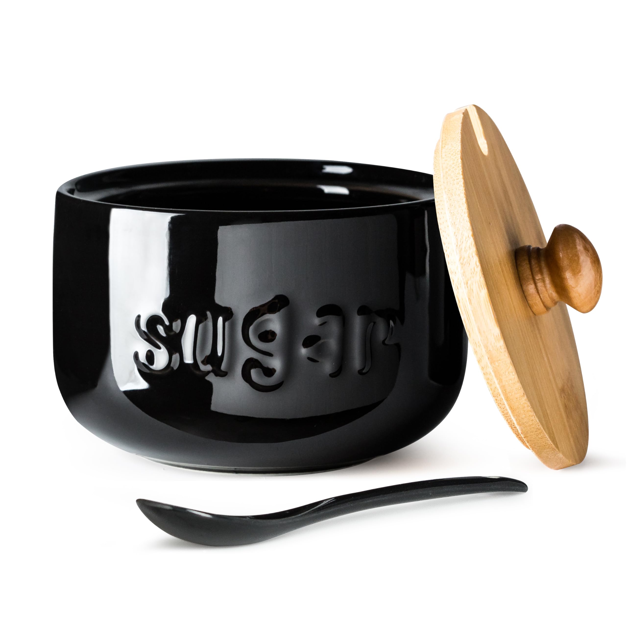 LYEOBOH Black Sugar Bowl with Lid and Spoon, 17 OZ Sugar Jar, Sugar Container for Coffee Bar, Ceramic Jar with Lid, Sugar Bowls 