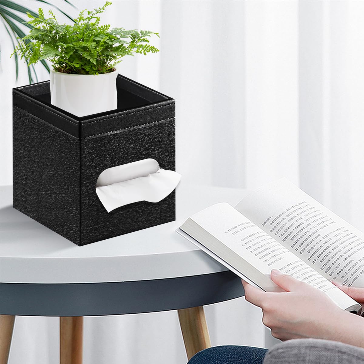 Yapishi Tissue Box Cover Square, Pu Leather Tissue Cube Box Holder With Storage Valet Tray, Decorative Tissue Holders, Modern Ti