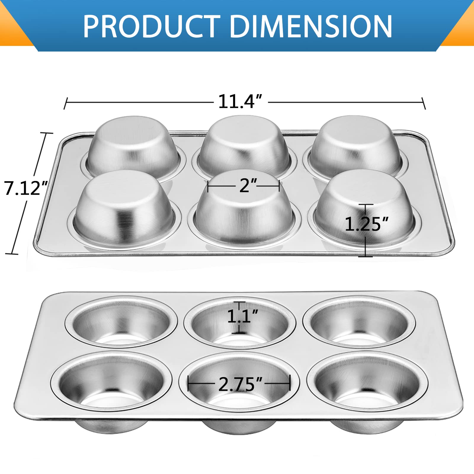 E-Far Muffin Pan Set Of 2, Stainless Steel Muffin Pan Tin For Baking, 6-Cup Metal Cupcake Pan Tray, Non-Toxic & Healthy, Oven &