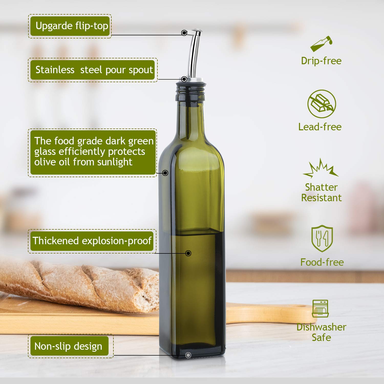 Aozita 17Oz Glass Olive Oil Bottle Dispenser - 500Ml Green Oil And Vinegar Cruet With Pourers And Funnel - Olive Oil Carafe Deca