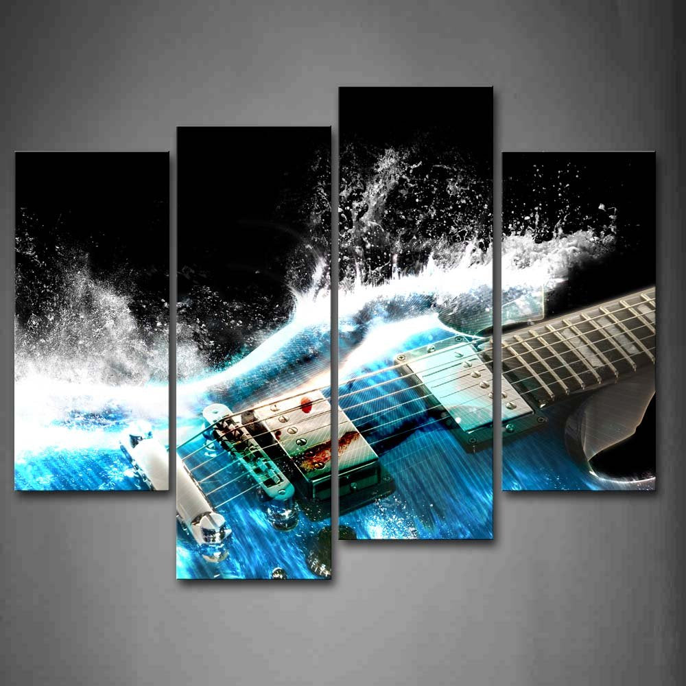 Guitar In Blue And Waves Looks Beautiful Wall Art Painting The Picture Print On Canvas Music Pictures For Home Decor Decoration