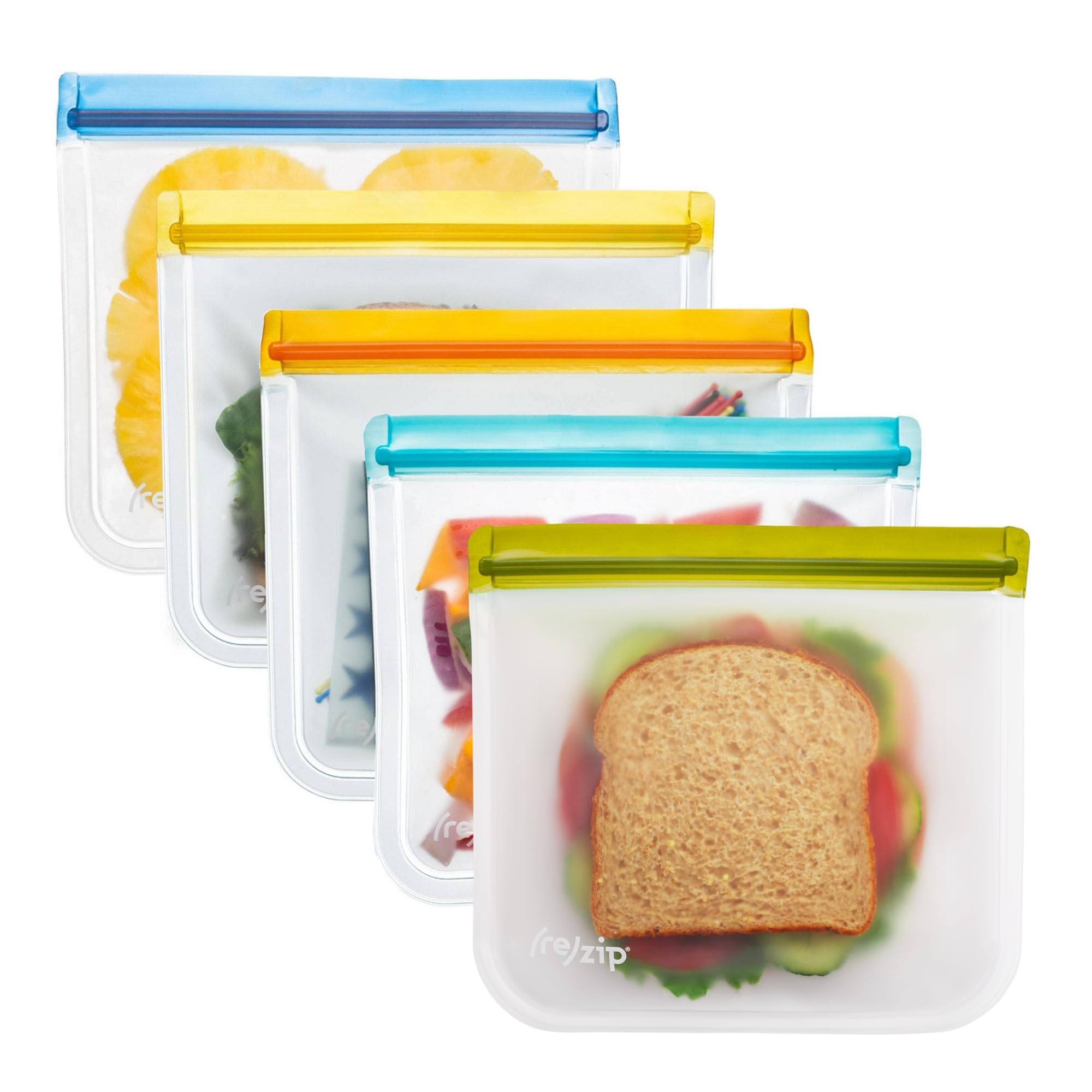 rezip 5Pack Flat Reusable Lunch Bags | BPAFree, Food Grade, Leakproof, Freezer and Dishwasher Safe | 5 Sandwich/Lunch Bags (3.