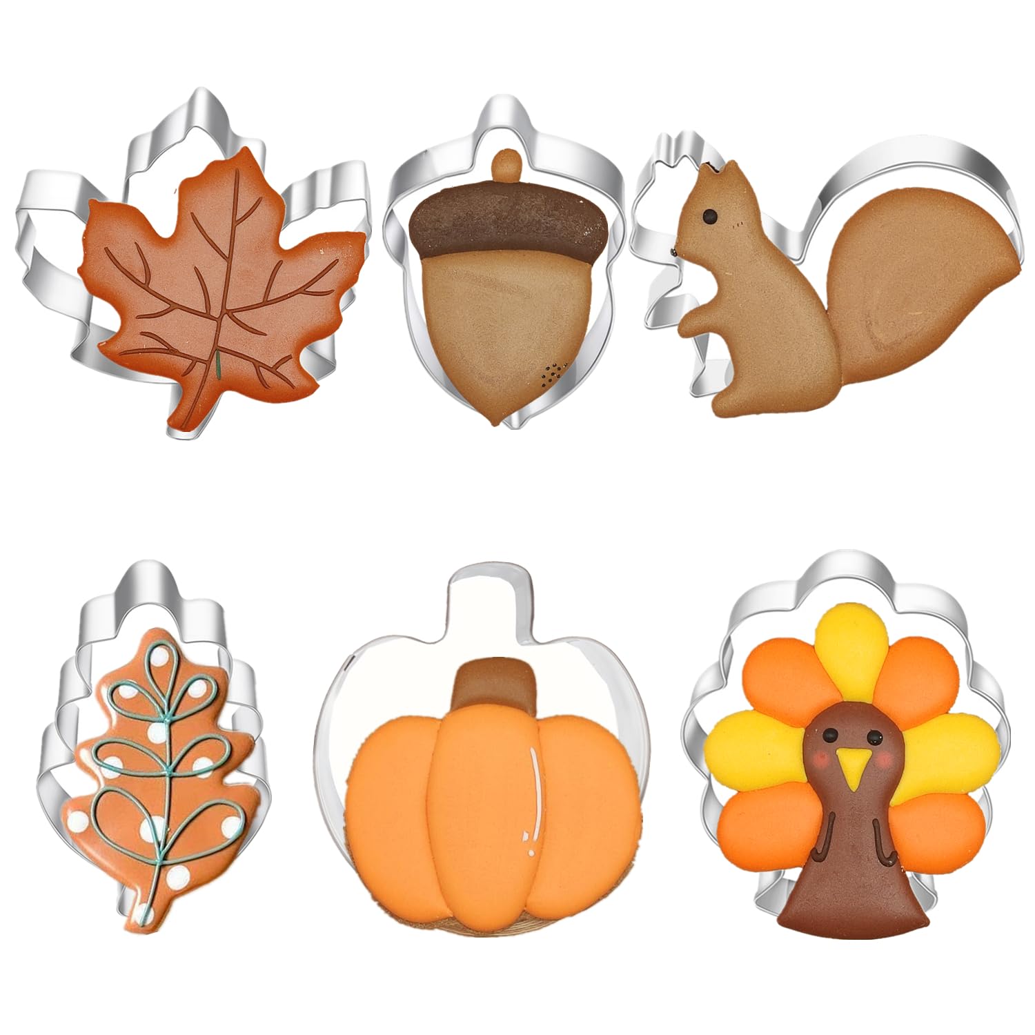 6 Pieces Thanksgiving Cookie Cutters, Fall Themed Holiday Cookie Cutter Shapes Of Pumpkin,Maple Leaves,Oak Leaves,Turkey,Squirre