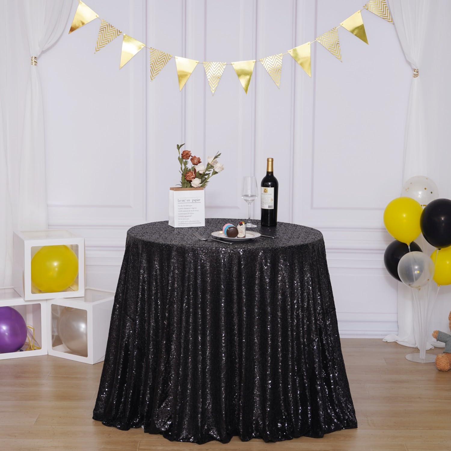 Poise3Ehome 50 Inch Round Black Sequin Tablecloth For Party Cake Dessert Table Exhibition Events