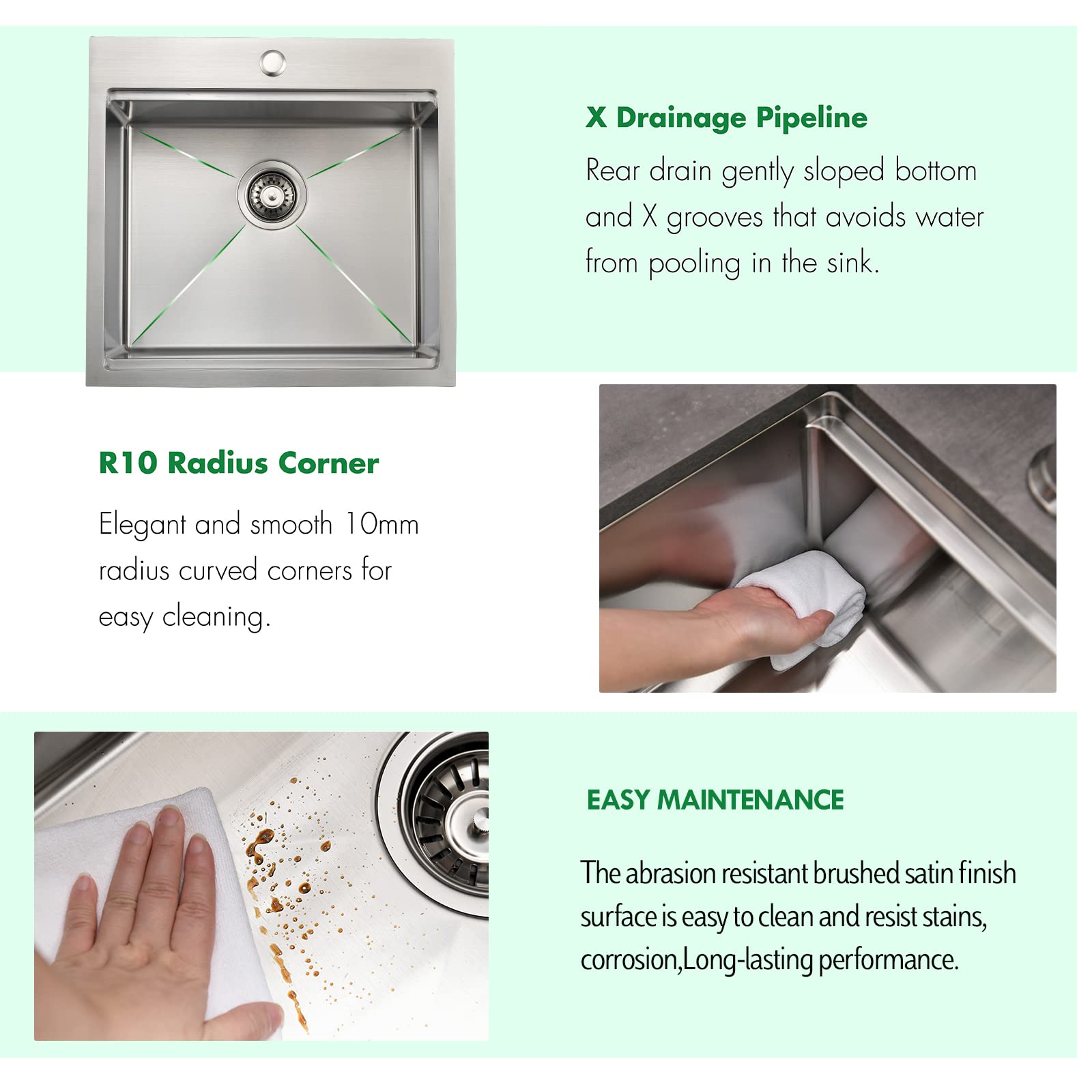 Ecochannels Kitchen Sink, 21 X 20 X 10 Drop In Kitchen Sink 16 Gauge Stainless Steel Kitchen Sinks Single Bowl Workstation Sink