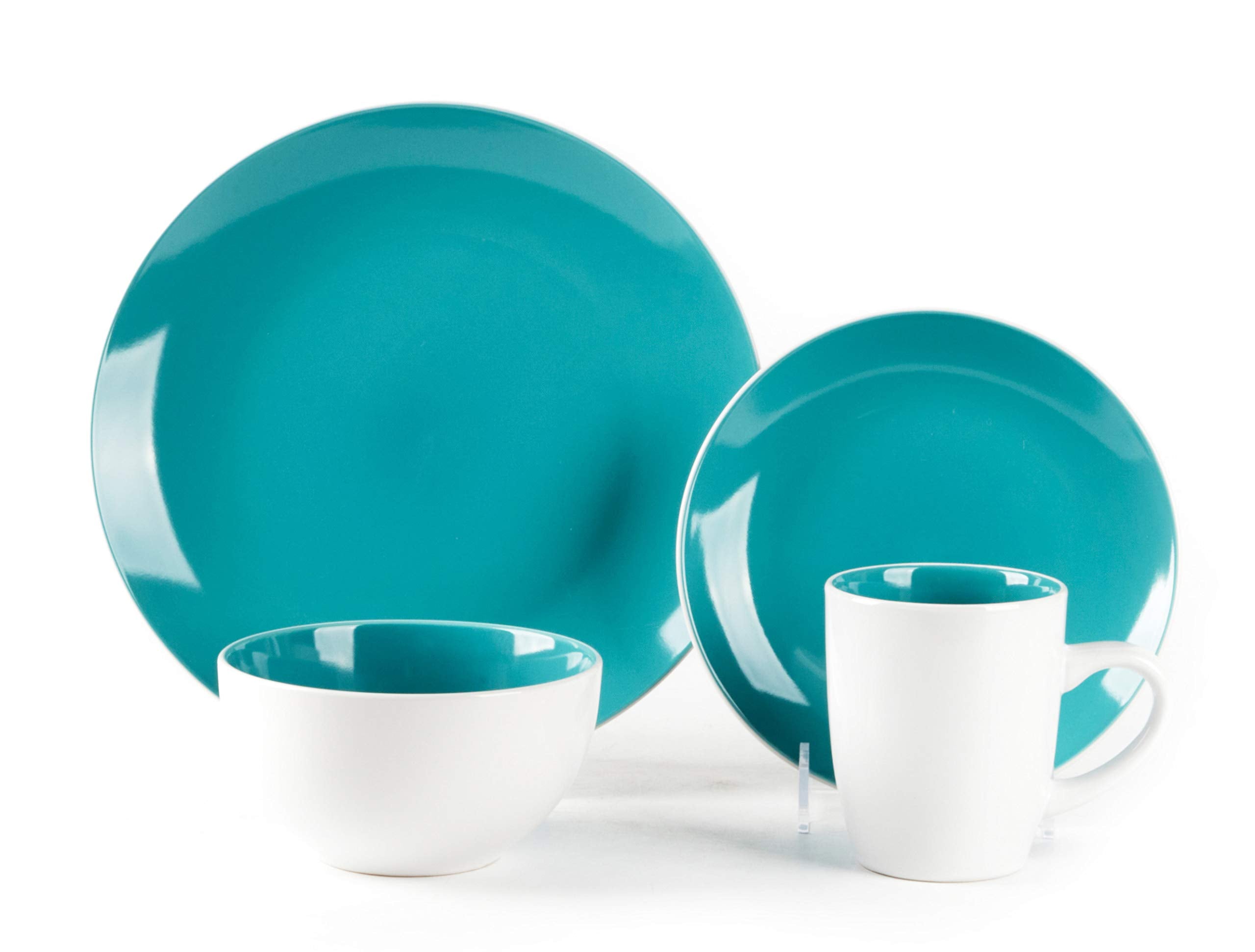 HomeVss, Stoneware Coupe Shape 16pc Dinnerware Set, Outside White + Inside Turquoise