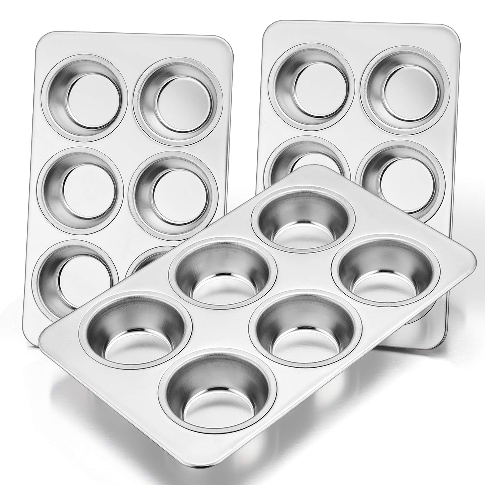 E-Far Muffin Pan Set Of 3, Stainless Steel Muffin Pan Tin For Baking, 6-Cup Metal Cupcake Pan Tray, Non-Toxic & Healthy, Oven &