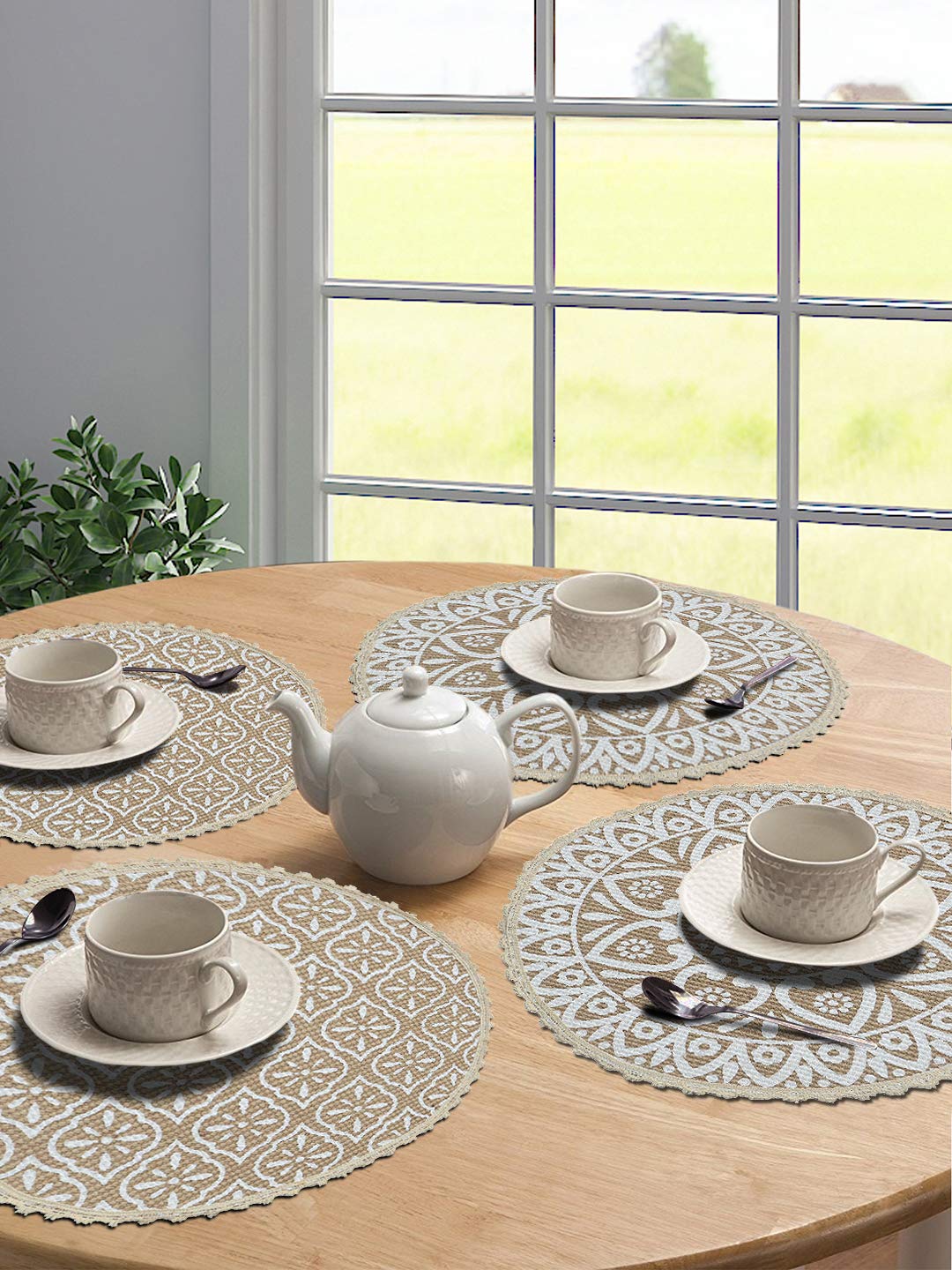 SARAL HOME EASY LIVING White Jute & Cotton Printed Round Table Mat - Pack of 4 PC, 38x38 cm