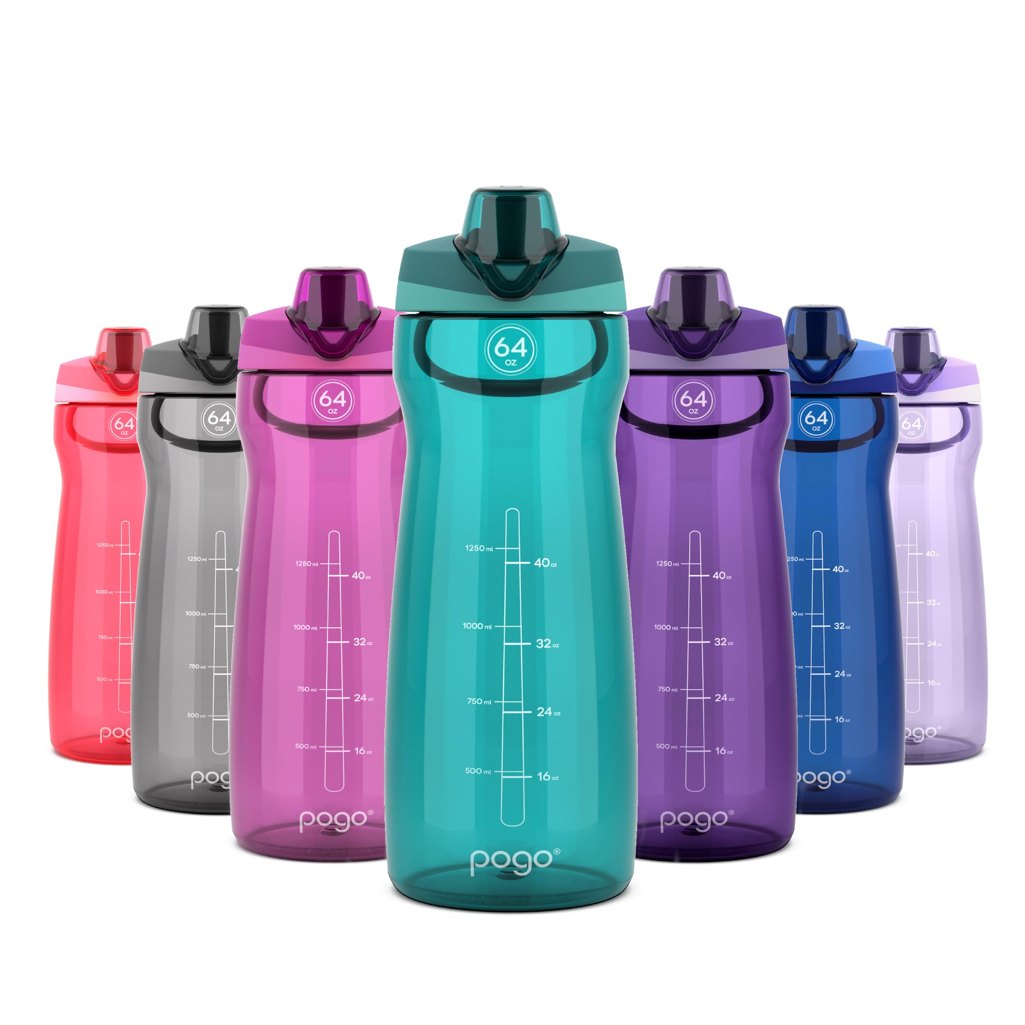 Pogo 64Oz Plastic Water Bottle With Leak-Proof Chug Lid And Carry Handle, Reusable, Bpa Free, Capacity Markings, Dishwasher Safe