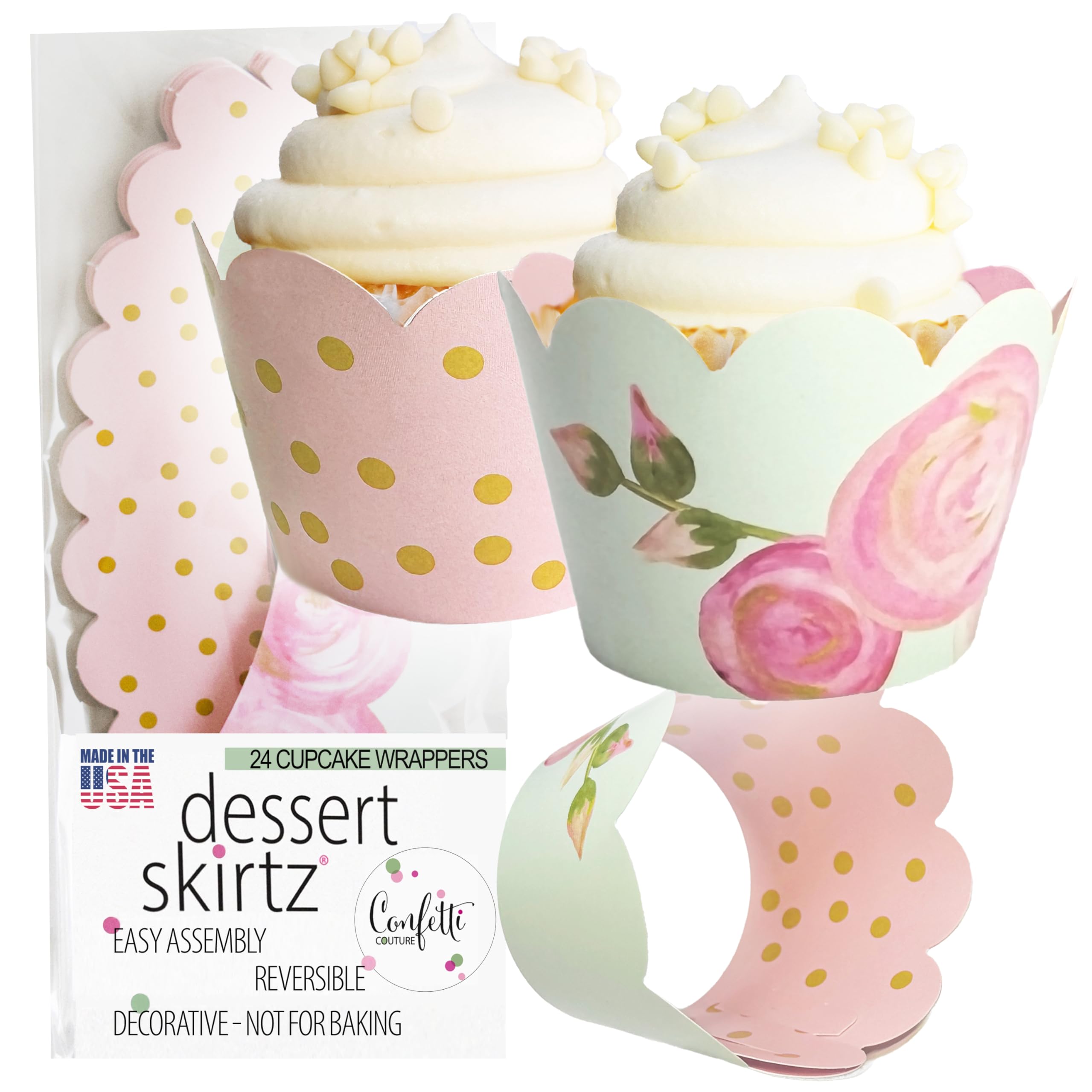 Pink Blush & Gold Floral Cupcake Wrappers - Bridal & Baby Girl Shower, Vintage Rose, 1St Birthday Party Decoration Supplies, Fai