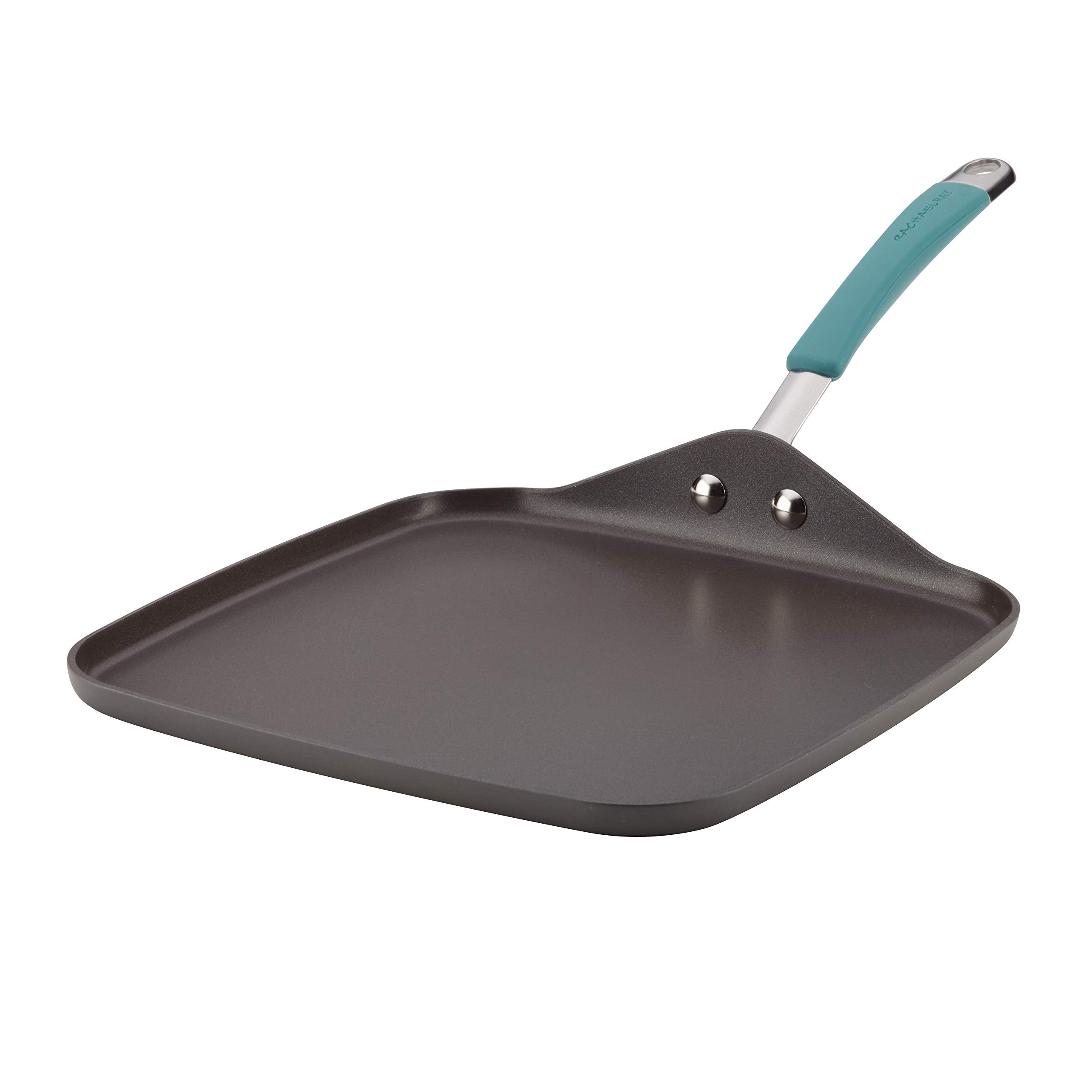 Rachael Ray Cucina Hard Anodized Nonstick Griddle Pan/Flat Grill, 11 Inch, Gray With Agave Blue Handle