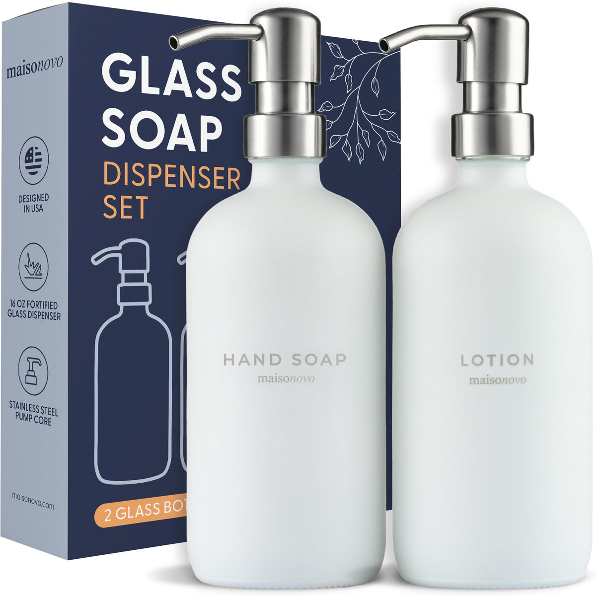 Maisonovo Bathroom Soap And Lotion Dispenser Set | 16.9 Fl Oz White Glass Silver Pumps X 2