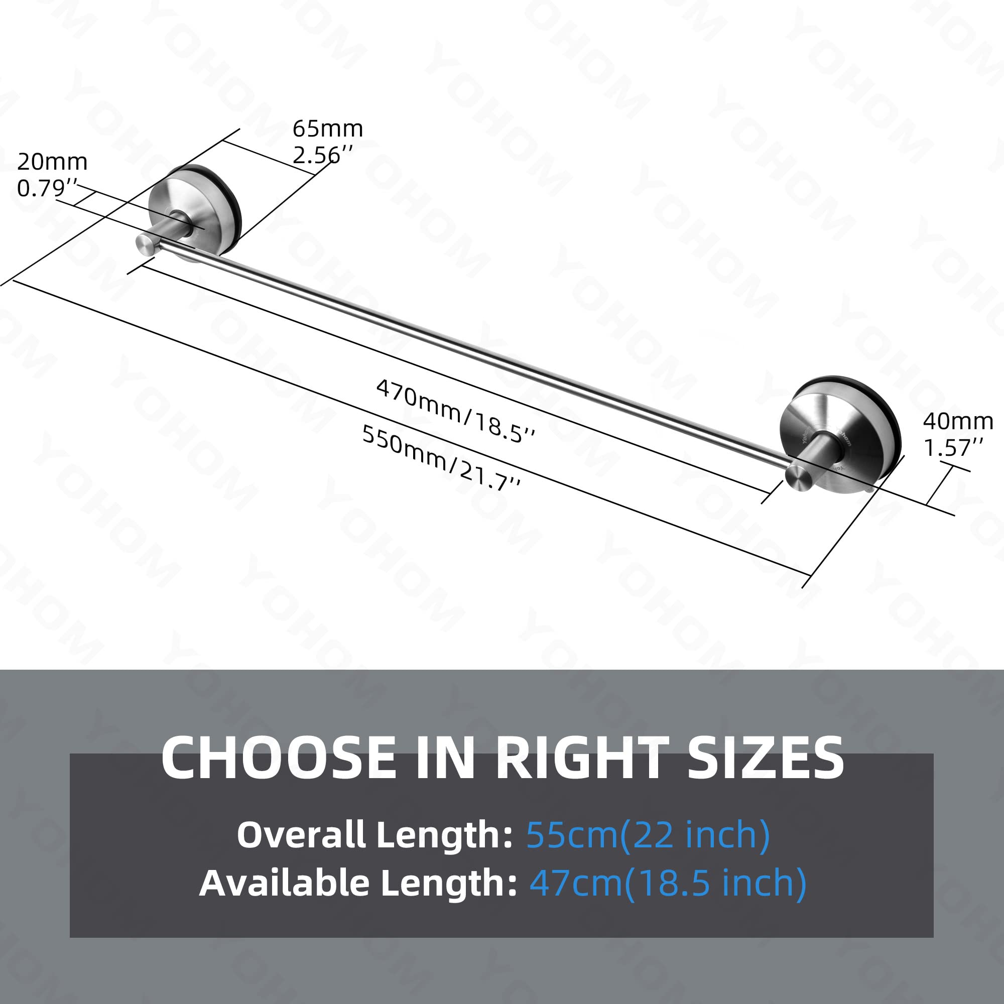 YOHOM Suction Cup Towel Bar for Shower 22 Inch Stainless Steel Bathroom Hand Towel Holder Suction Washcloth Holder Kitchen Towel Rack for Glass Shower Door Removable Towel Rod Rail Brushed Wall Mount