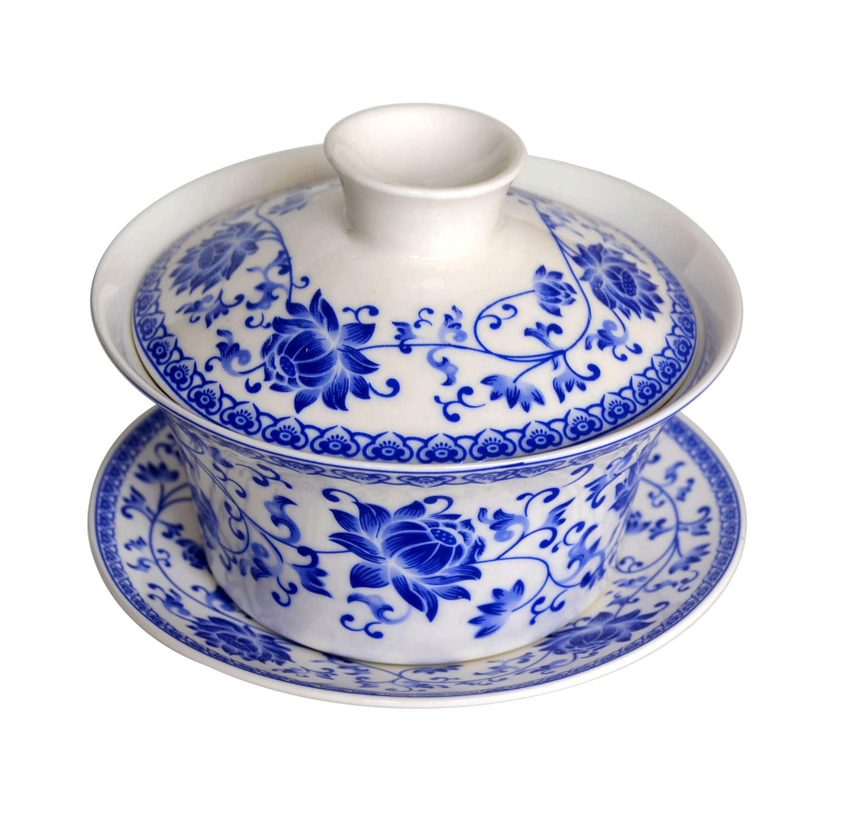 Honeylive Gaiwan Chinese 150Ml-200Ml Sancai Tureen Tray Cup Blue White Porcelain Saucer Lid (Simple A 5Oz)