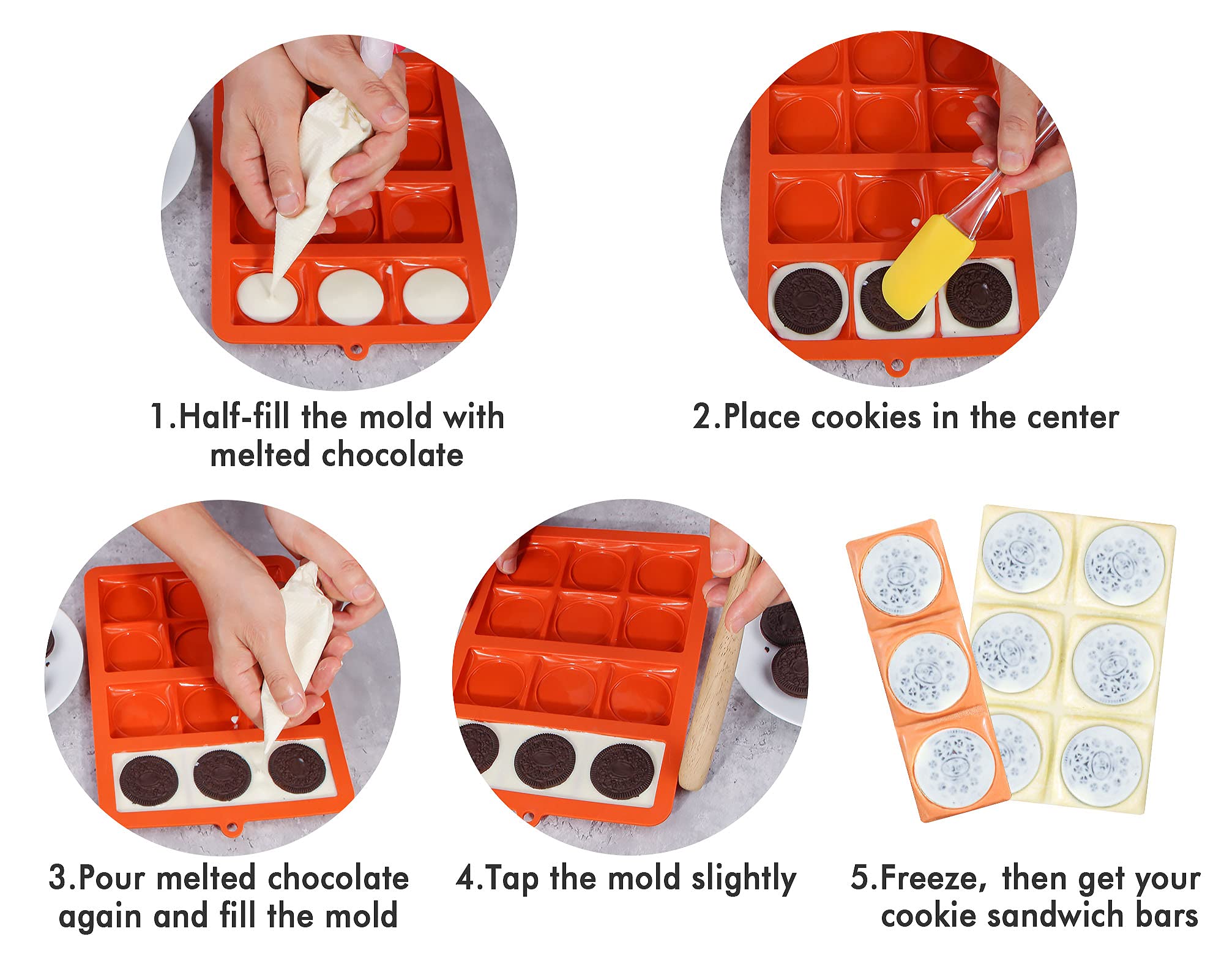 Webake Cookie Chocolate Bar Mold Silicone Break-Apart Chocolate Covered Cookie Bar Molds For Sandwich Cookies, Pack Of 2