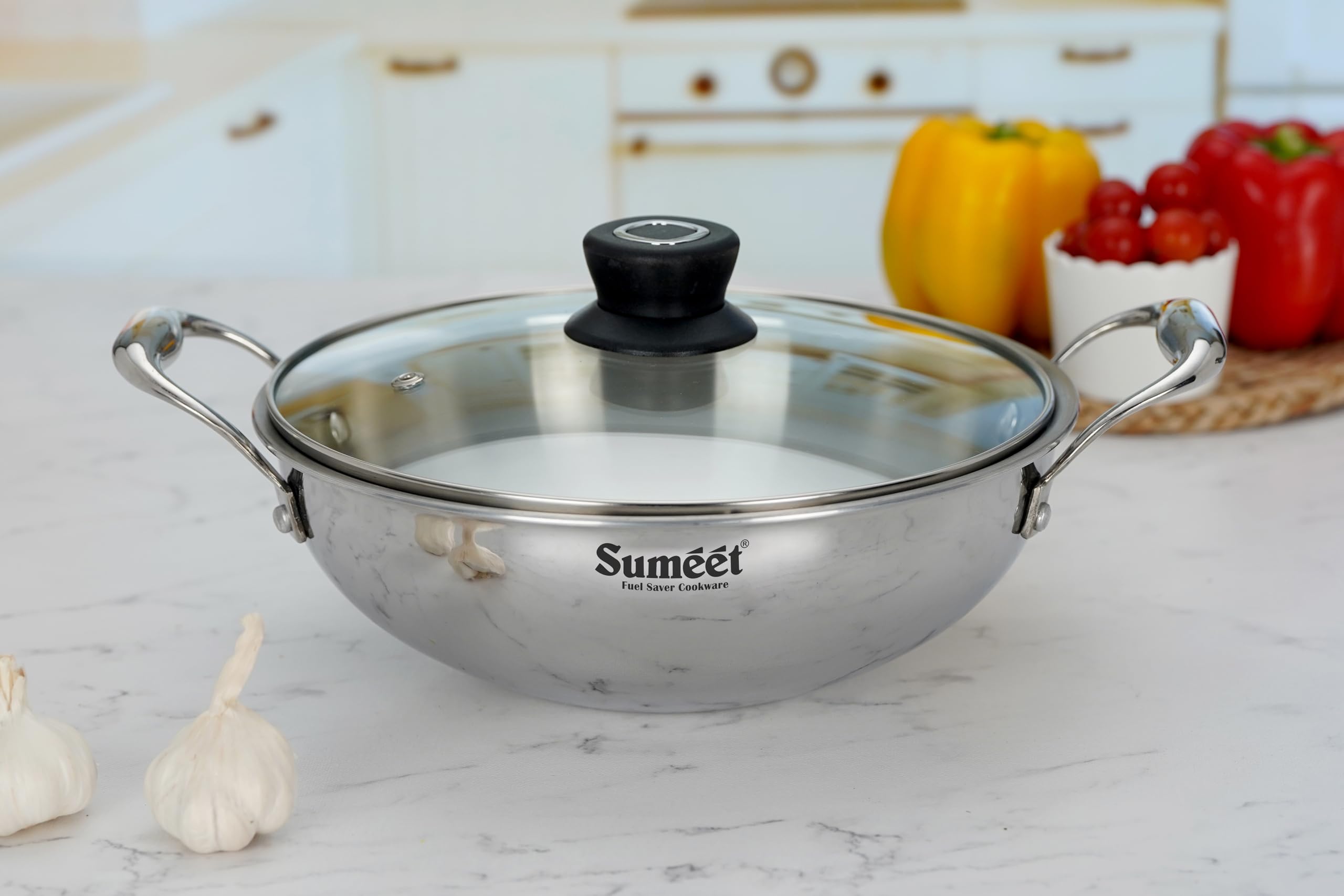 Sumeet Cook Smart TriPly Stainless Steel Induction Base Deep Kadai with Glass Lid - 3 LTR - 24Cm  Pack of 1  Silver