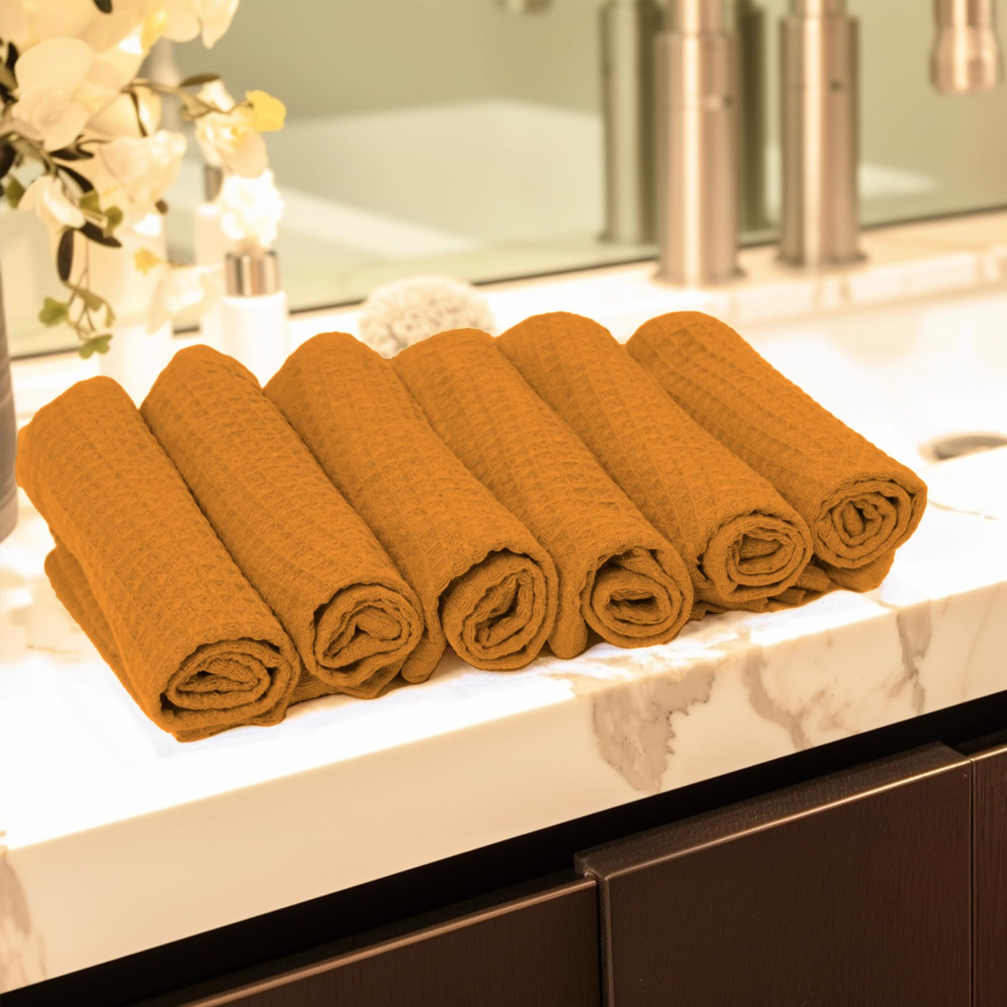 Encasa Xo Face And Hand Towels For Bath, Gym - 30X30 Cm | Gold | Set Of 6 - Quick Dry Waffle Weave Face Cloths - Reusable Dishcl