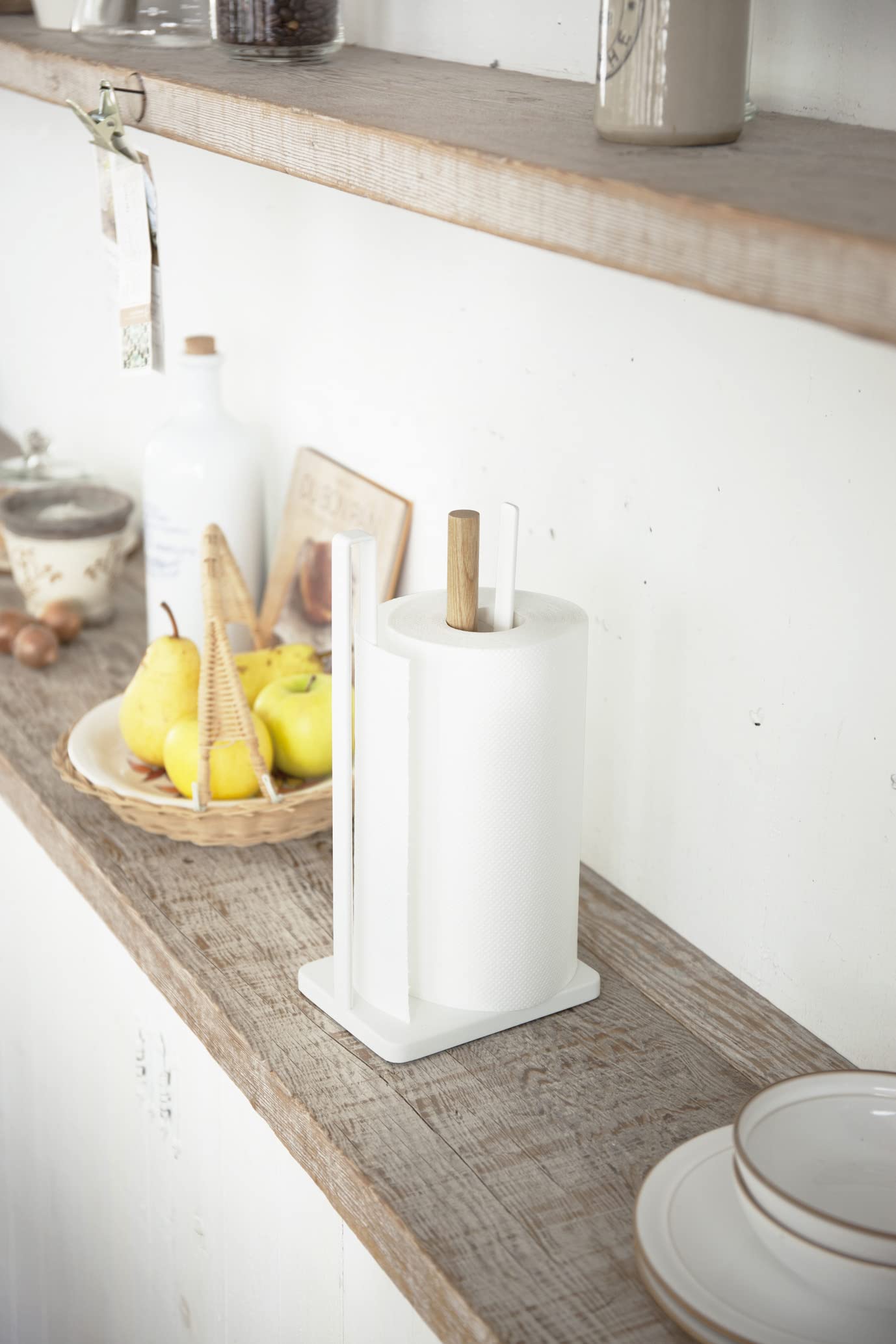 Yamazaki Home Tosca One-Handed Tear Paper Towel Holder - Kitchen Storage Rack - Steel + Wood