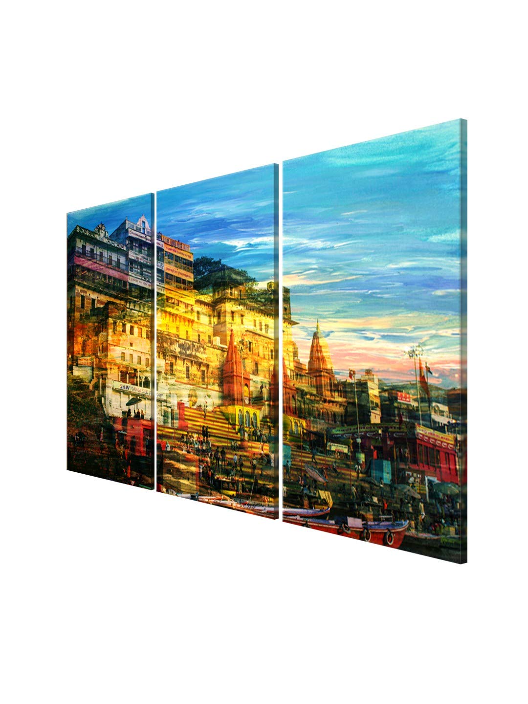 999Store wooden stretched canvas wall painting banaras ghat painting for living room bedroom home wall decor large size painting