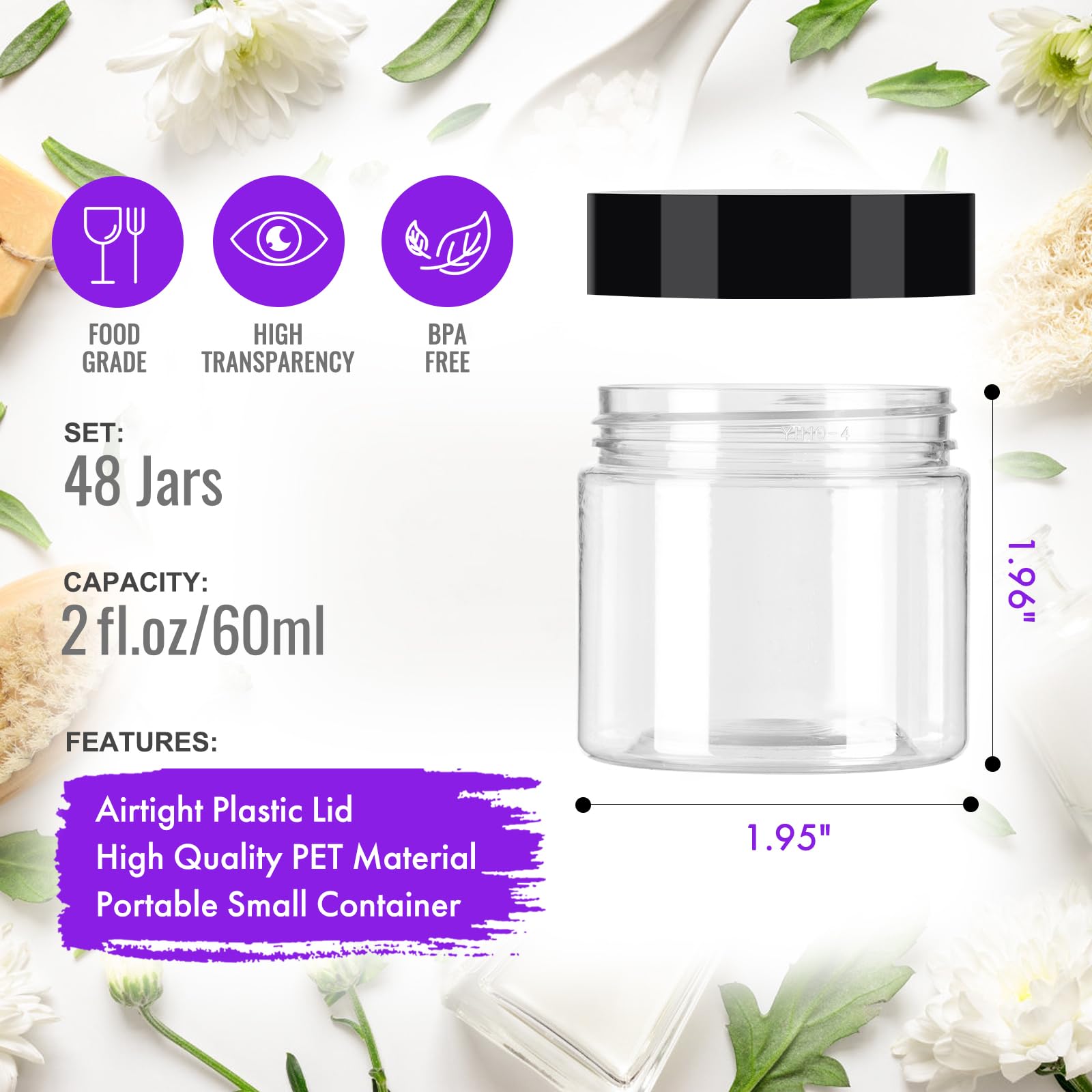 Jaisie.W 2 Oz Plastic Jars With Lids 48Pack,Empty Small Plastic Jars With Lids For Storage, Round Clear Plastic Jars With Lids F