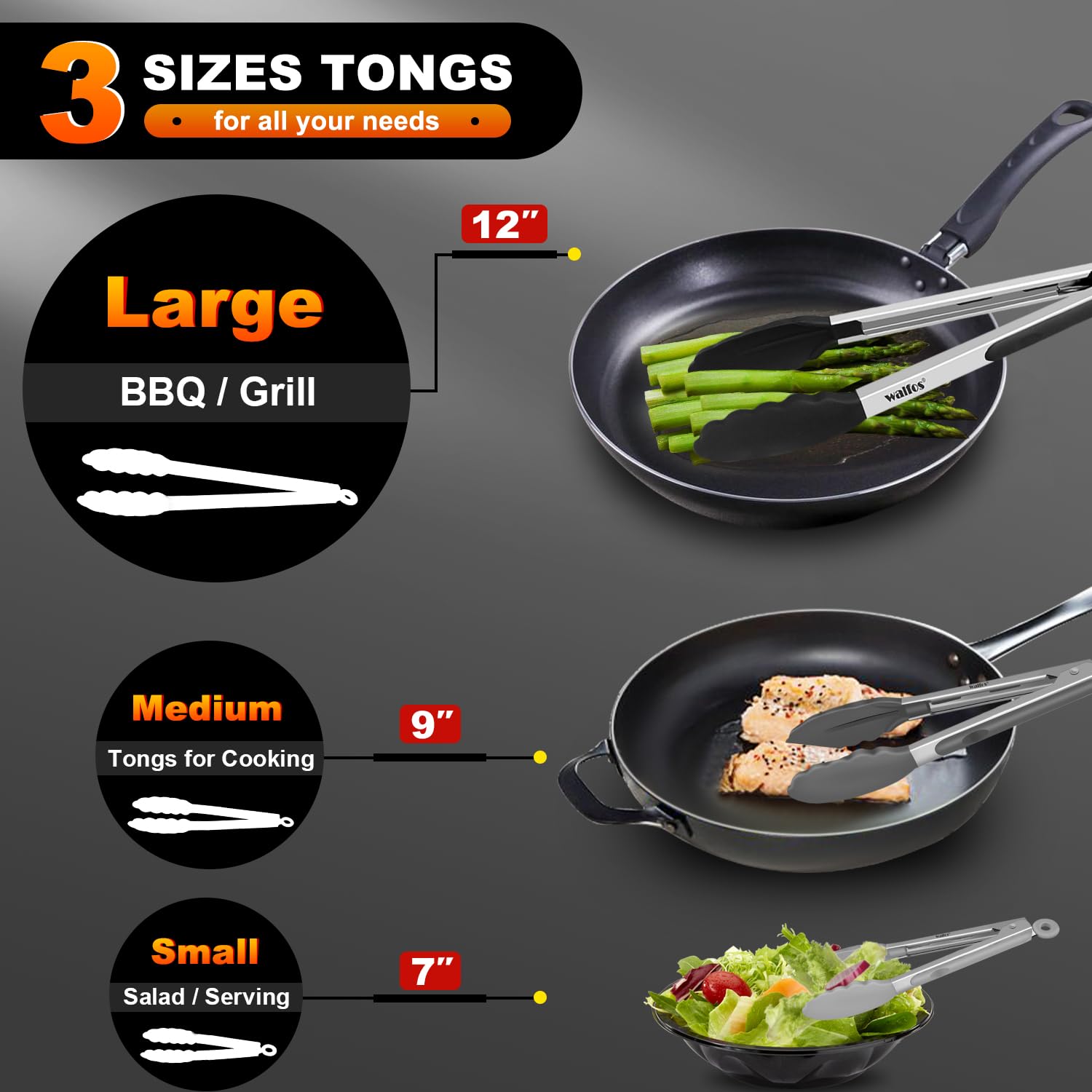 Walfos Silicone Tongs For Cooking - Heat Resistant Kitchen Tongs Set Of 3 For Cooking, Grilling, Turning, Stainless Steel And Bp