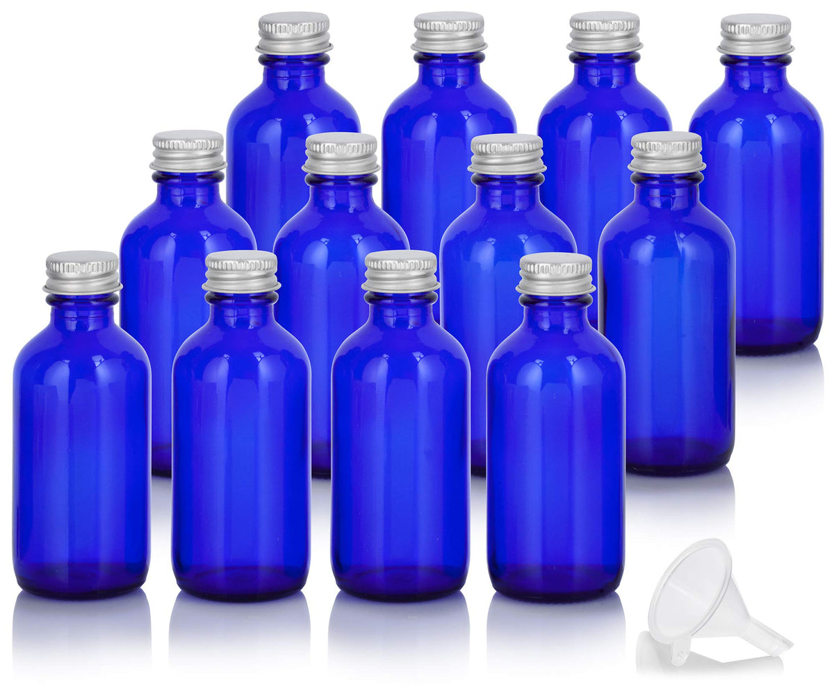 2 Oz Cobalt Blue Glass Boston Round Bottles With Silver Metal Screw On Caps (12 Pack) + Funnel