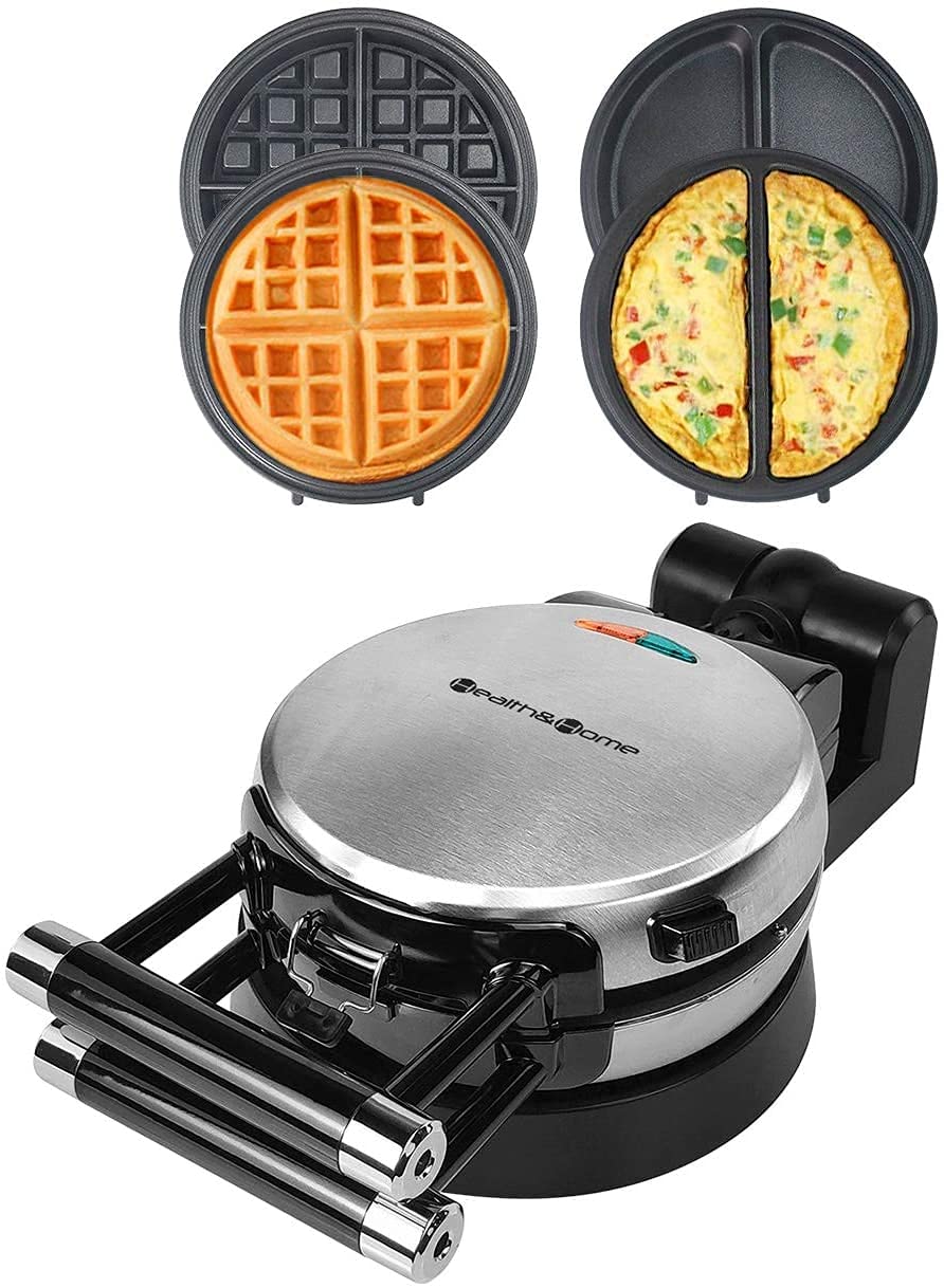 Health And Home 360 Rotating Belgian Multifunction Nonstick Baking Waffle Maker With 2 Sets Of Interchangeable Belgian Waffle An