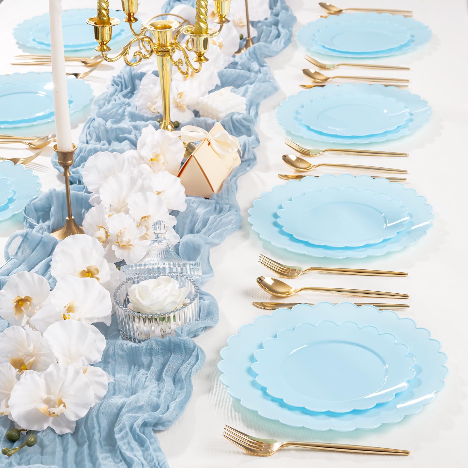 supernal 100pcs Blue Scalloped Plastic Plates-Blue Disposable Plates Heavy Duty-Disposable Plate Set for Party Wedding-Include 5