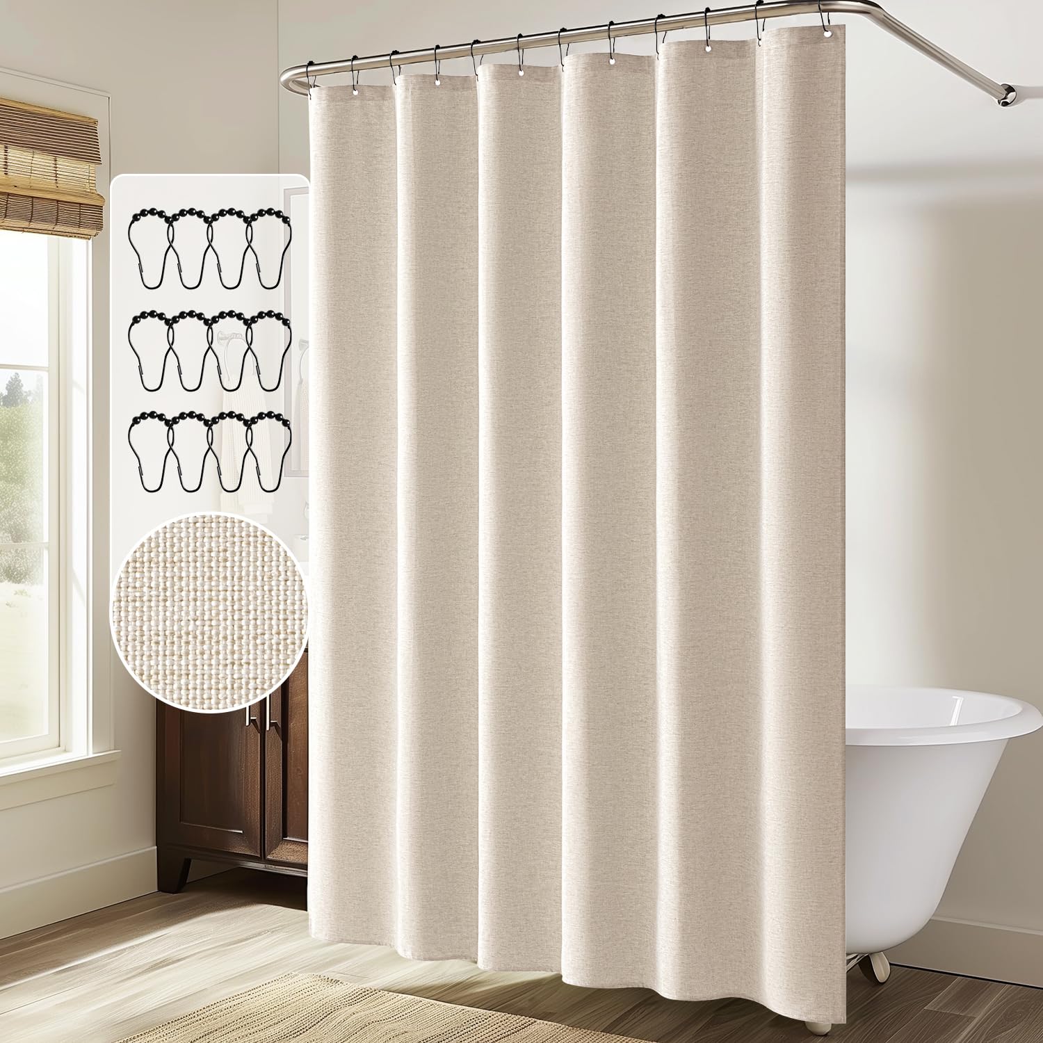 Miulee Extra Long Linen Shower Curtain 96 Inches Long With 12 Metal Hooks Washable Beige Fabric Shower Curtain Set Waterproof Ne