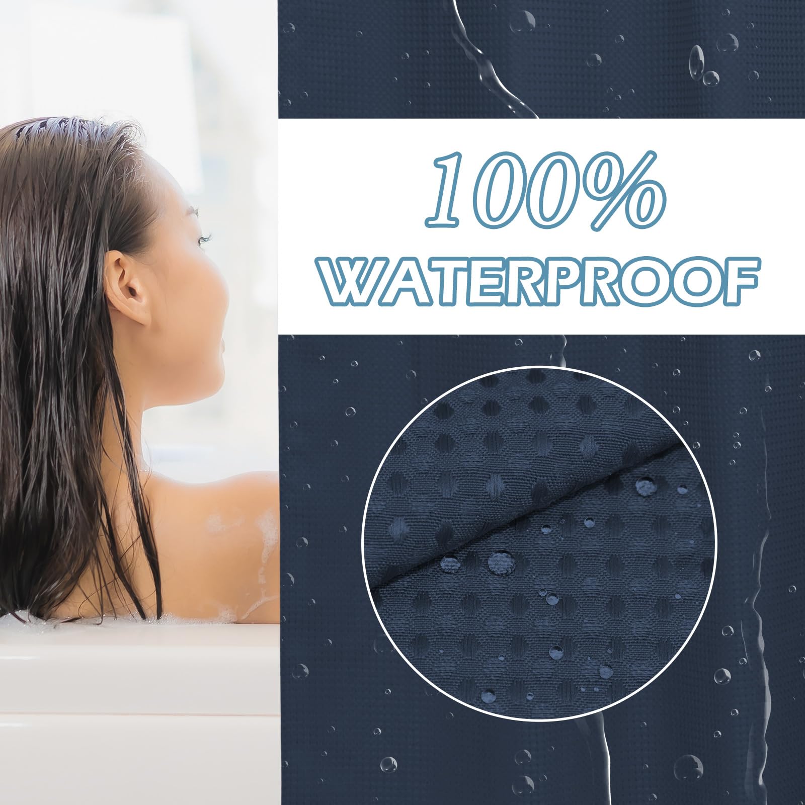 Eutxl Navy Blue Stall No Hook Shower Curtain With Snap In Liner,230Gsm Waffle Weave Shower Curtains For Bathroom,54W X 80H