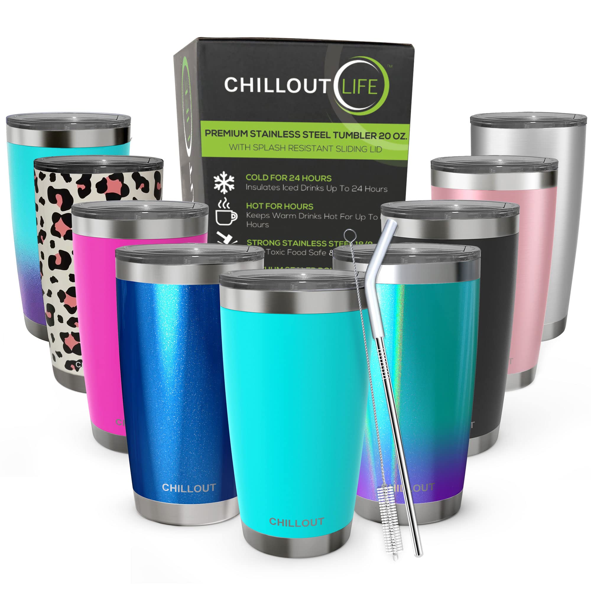 Chillout Life 20 Oz Stainless Steel Tumbler With Lid - Double Wall Vacuum Insulated Coffee Mug With Splash Proof Lid And Straw F
