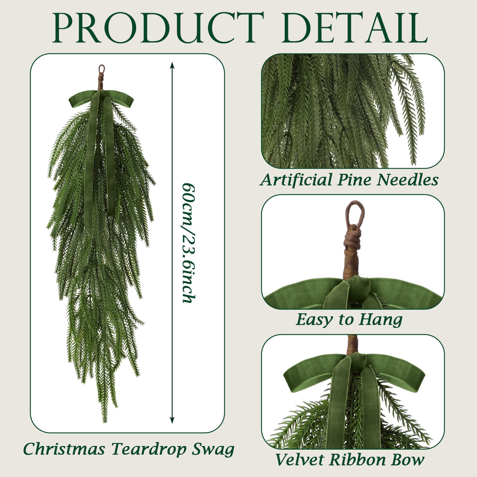 Shihanee 4 Pack 24 Inch Christmas Teardrop Swags with Rustic Velvet Ribbon Bow Artificial Realistic Norfolk Pine Greenery Swag f